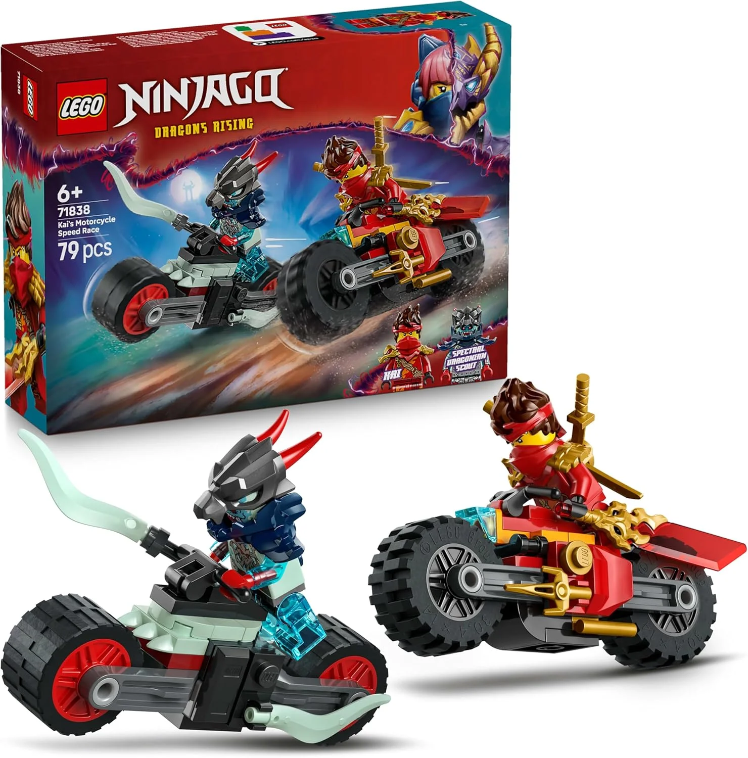 مجموعه مسابقه سرعت موتور سیکلت کای LEGO NINJAGO - 2 موتور سیکلت اسباب بازی نینجا با چرخ های چرخشی به همراه 2 مینی فیگور با لوازم جانبی سلاح - هدیه ای برای پسران 6+ ساله و طرفداران Dragons Rising - 71838 مجموعه مسابقه سرعت موتور سیکلت کای LEGO NINJAGO - 2 موتور سیکلت اسباب بازی نینجا با چرخ های چرخشی به همراه 2 مینی فیگور با لوازم جانبی سلاح - هدیه ای برای پسران 6+ ساله و طرفداران Dragons Rising - 71838