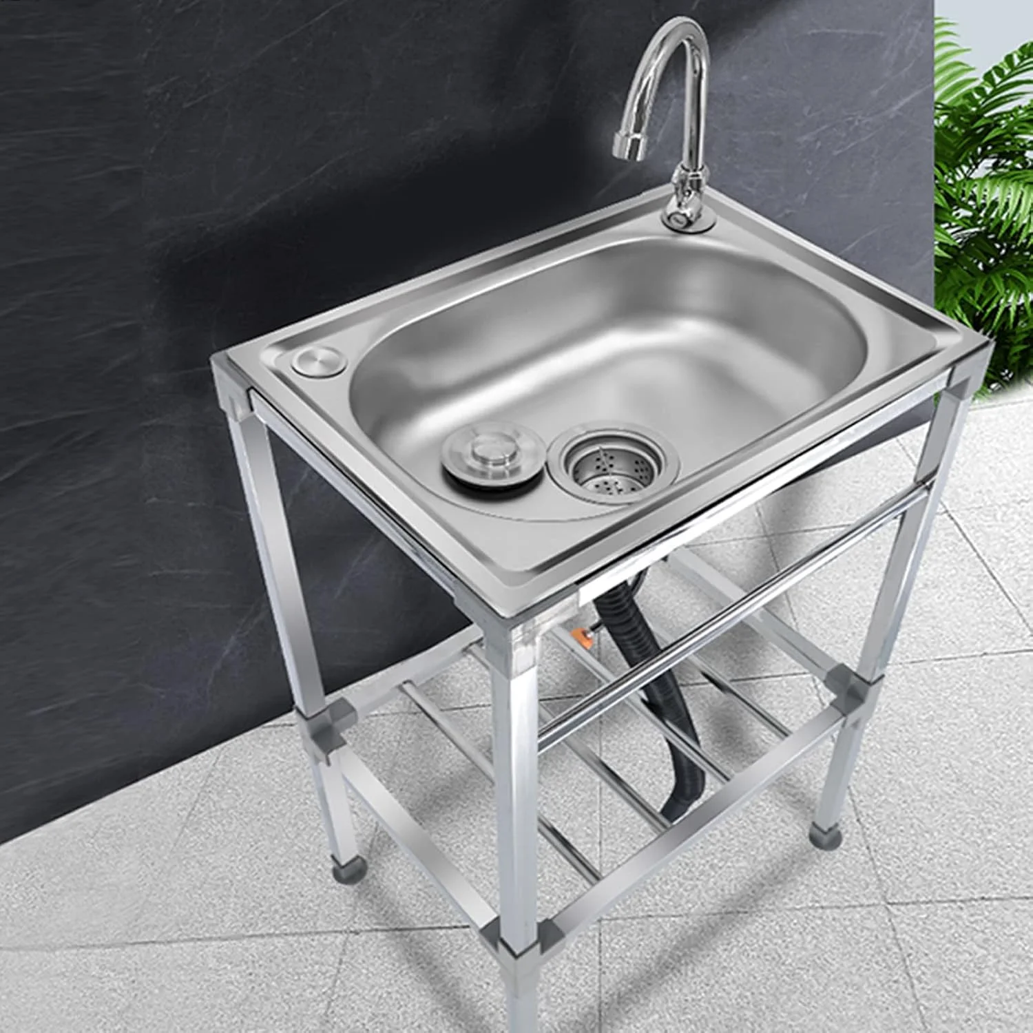 سینک ظرفشویی استیل ایستاده باغی و فضای باز، سینک تک لگنه کارگاهی، سینک صنعتی گاراژی، سینک لباسشویی ساده آشپزخانه منزل با شیر آب (48x35x83 سانتی متر)