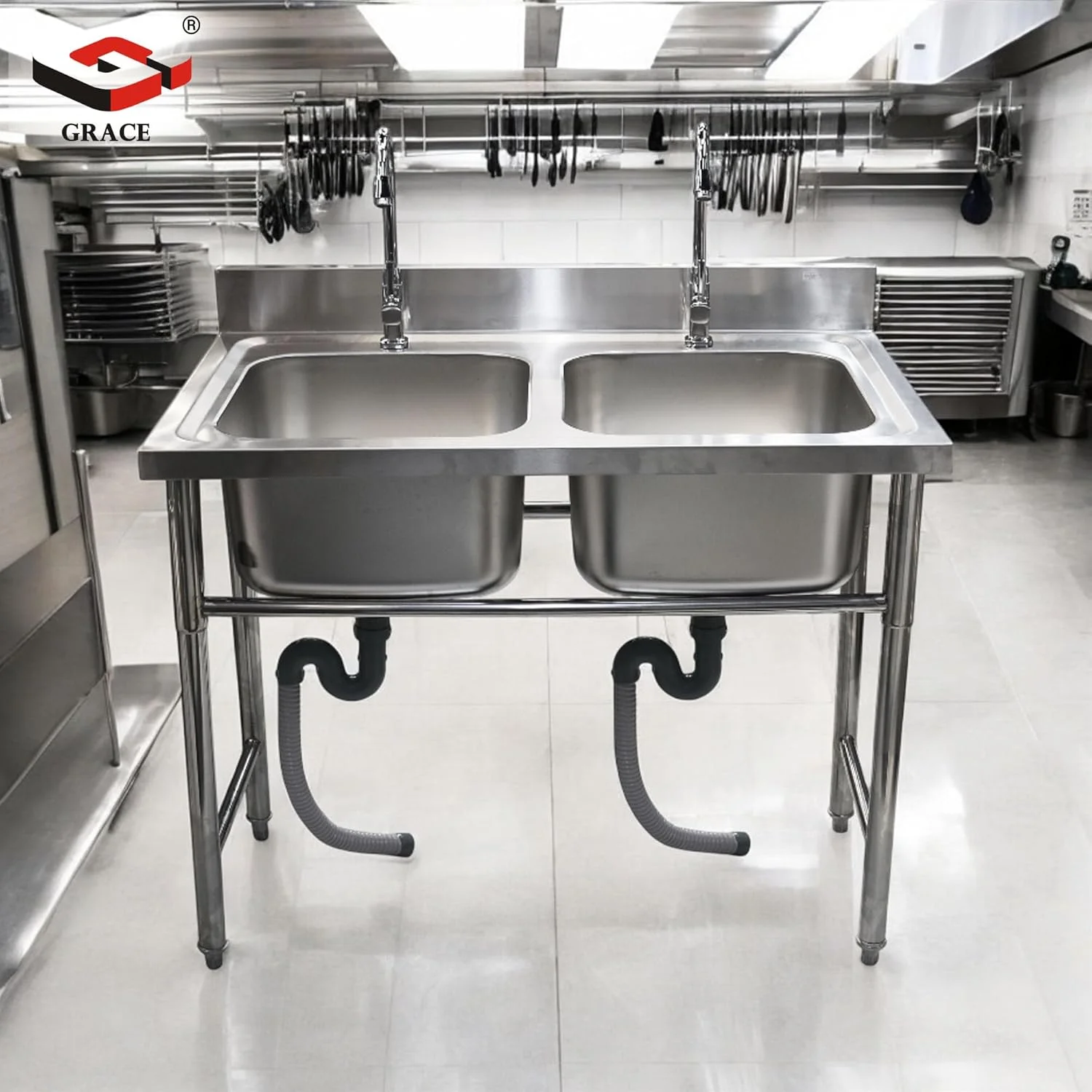 سینک ظرفشویی تجاری گریس، ایستاده، استیل ضد زنگ با پشتی بلند، مناسب آشپزخانه بار، رستوران به همراه شیر (GR-SK2 - دو لگنه)