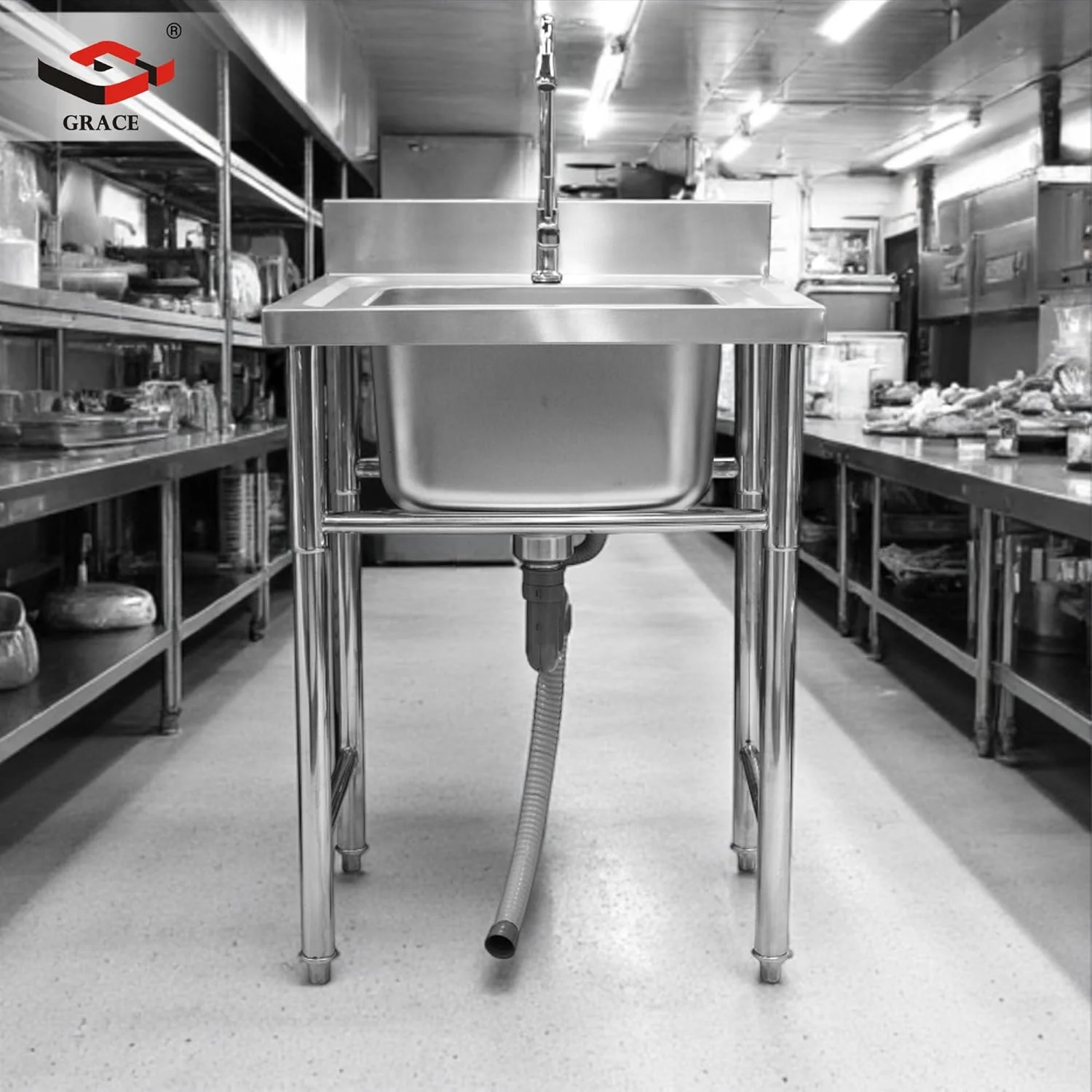 سینک ظرفشویی تجاری گریس، ایستاده، تک لگنه، استیل ضد زنگ، مناسب آشپزخانه، بار، رستوران به همراه شیر (GR-SK1 - تک لگنه)