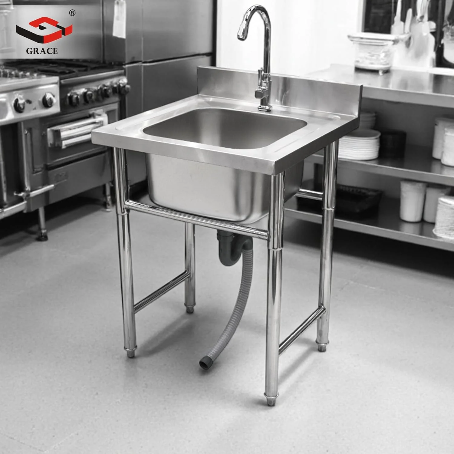 سینک ظرفشویی تجاری گریس، ایستاده، تک لگنه، استیل ضد زنگ، مناسب آشپزخانه، بار، رستوران به همراه شیر (GR-SK1 - تک لگنه)