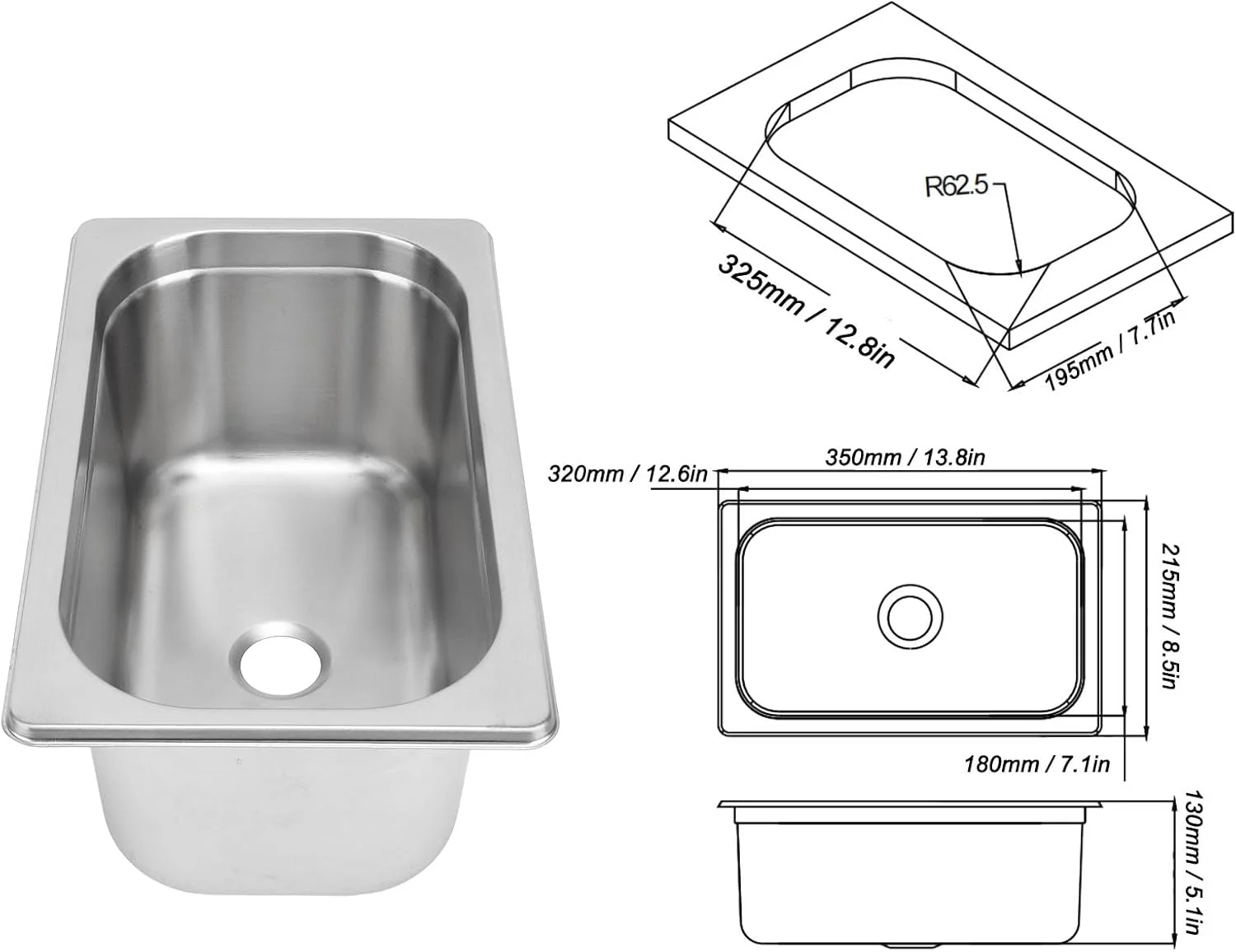 سینک RV، سینک ظرفشویی تک لگنه استیل ضد زنگ، سینک بار توکار، روشویی کم جا برای آشپزخانه، RV، قایق، حمام موتورخانه