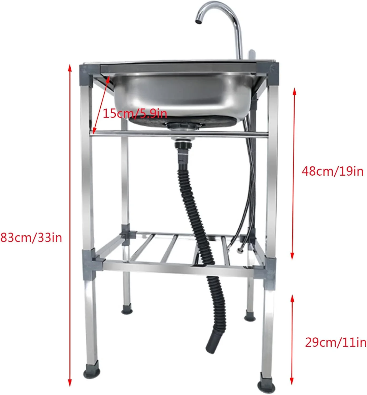 سینک ظرفشویی استیل ایستاده باغی و فضای باز، سینک تک لگنه کارگاهی، سینک صنعتی گاراژی، سینک لباسشویی ساده آشپزخانه منزل با شیر آب (48x35x83 سانتی متر)