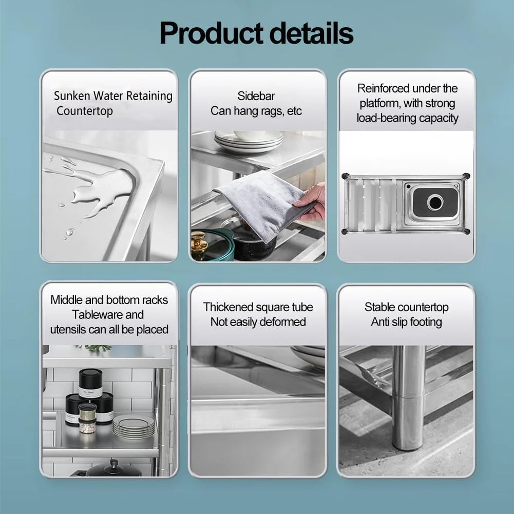 سینک ظرفشویی استیل Jouystore با شیر آب، سینک تجاری رستورانی، سینک تک لگنه آماده سازی و آشپزخانه، سینک گاراژی سینک قابل حمل برای گاراژ، رستوران، آشپزخانه (39.5 اینچ)