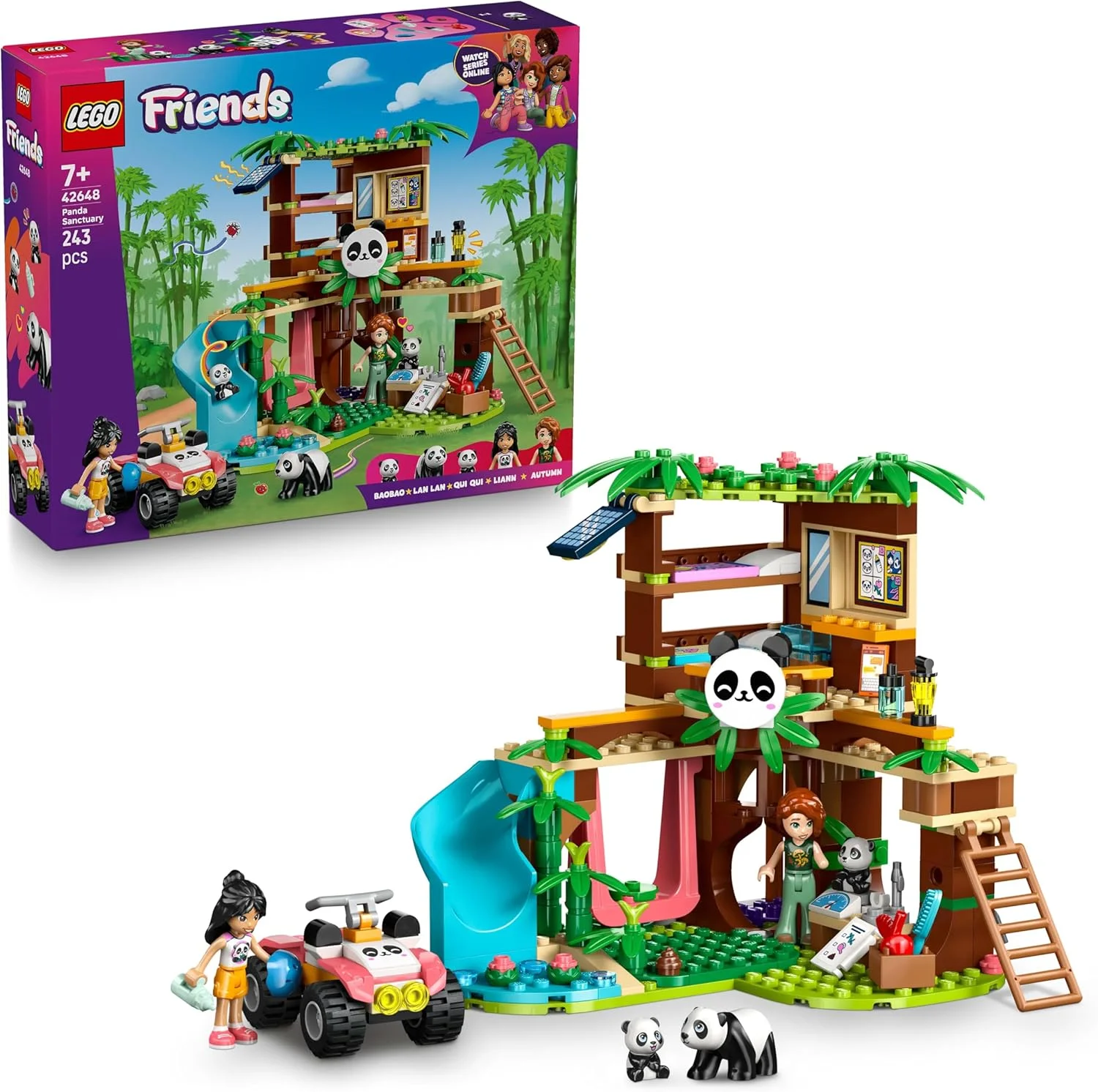 اسباب بازی مراقبت از حیوانات پناهگاه پاندا LEGO Friends با خانه درختی، موتور چهارچرخ، 2 مینی عروسک و 3 فیگور پاندا - مجموعه ساخت خلاقانه برای دختران 7+ ساله - 42648