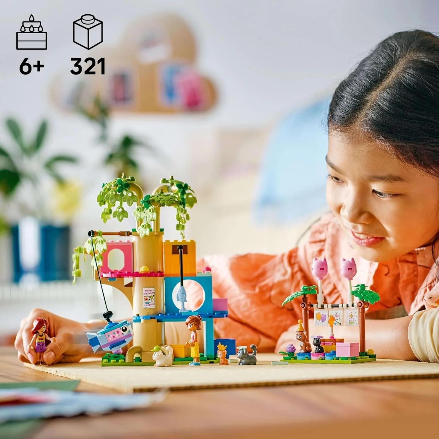 لگو فرندز جشن تولد گربه و خانه درختی با میز گردان، پیناتا و لوازم جانبی سرگرم کننده، به همراه 2 مینی عروسک و 5 فیگور حیوانات شامل چورو - مجموعه ساختمانی برای دختران 6+ ساله - 42666