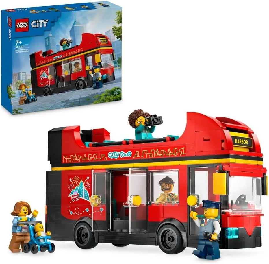 اتوبوس گردشگری دو طبقه قرمز LEGO City، وسیله نقلیه قرمز رنگ برای پسران و دختران 7 سال به بالا، مجموعه خلاقانه با 5 مینی فیگور شامل یک نوزاد و کالسکه، ایده هدیه تولد 60407