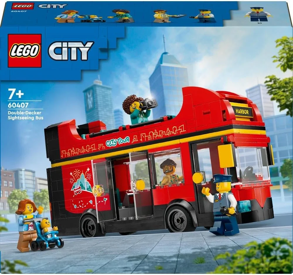 اتوبوس گردشگری دو طبقه قرمز LEGO City، وسیله نقلیه قرمز رنگ برای پسران و دختران 7 سال به بالا، مجموعه خلاقانه با 5 مینی فیگور شامل یک نوزاد و کالسکه، ایده هدیه تولد 60407