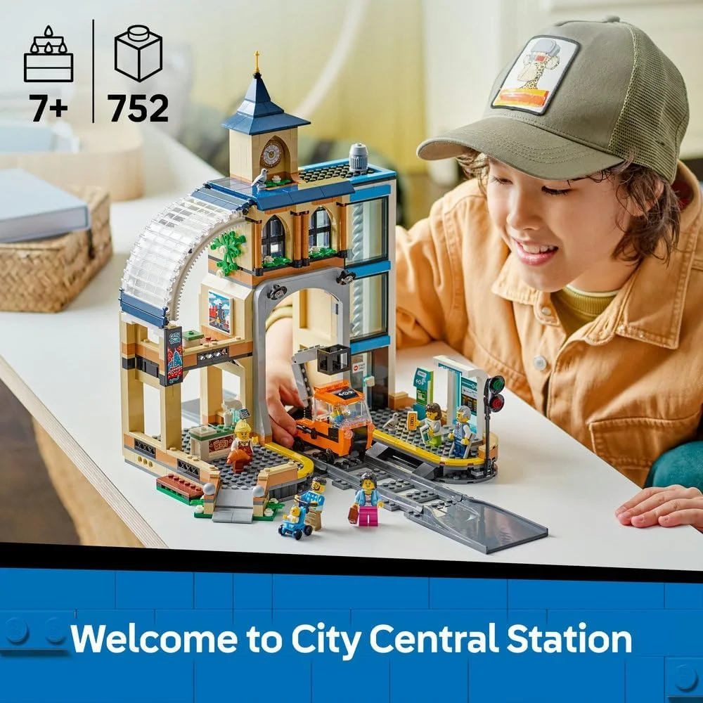 LEGO City Central Train Station Set with a Maintenance Vehicle Toy, Working Lift, Ticket Machine, 2 Platforms & a Track Piece, plus 6 Minifigures - Gift for 7+ Year Old Boys & Girls - 60469