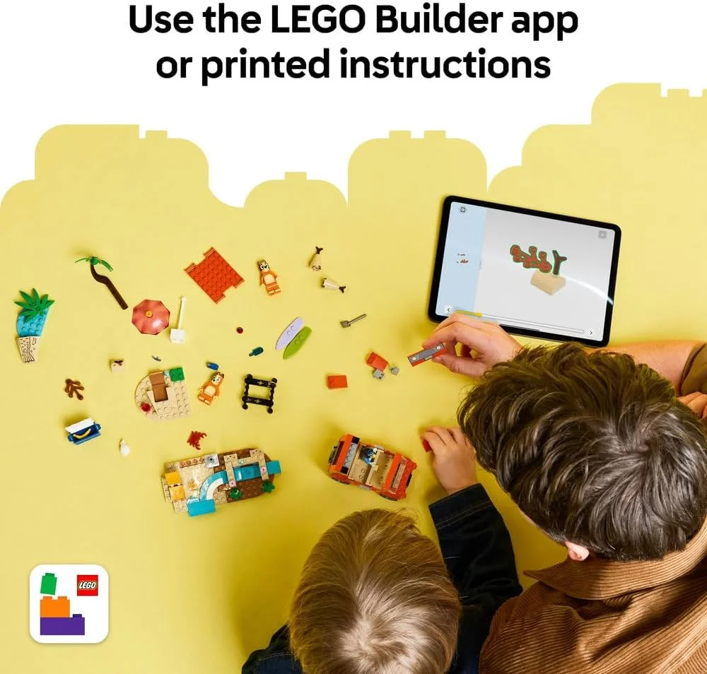 لگو بلوئی: سفر ساحلی بلوئی و ماشین خانوادگی به همراه 3 مینی فیگور شامل بینگو و چیلی، به علاوه 2 تخته موج سواری، یک قلعه شنی و لوازم جانبی سرگرم کننده - هدیه تولد برای دختران و پسران 4 سال به بالا - 11202