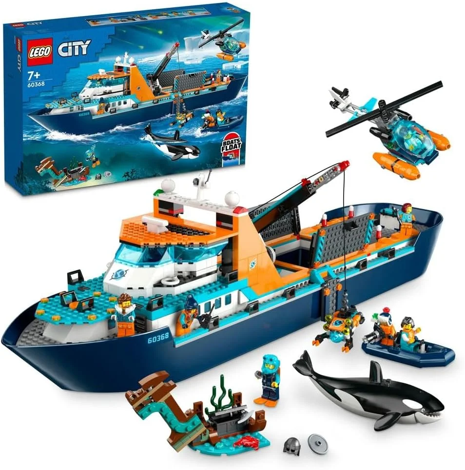 کشتی اکتشافی قطب شمال LEGO 60368 City، قایق اسباب بازی بزرگ شناور با هلیکوپتر، قایق بادی، زیردریایی، لاشه کشتی وایکینگ، 7 مینی فیگور و یک فیگور نهنگ قاتل، هدیه برای کودکان 7+ ساله، پسران، دختران کشتی اکتشافی قطب شمال LEGO 60368 City، قایق اسباب بازی بزرگ شناور با هلیکوپتر، قایق بادی، زیردریایی، لاشه کشتی وایکینگ، 7 مینی فیگور و یک فیگور نهنگ قاتل، هدیه برای کودکان 7+ ساله، پسران، دختران