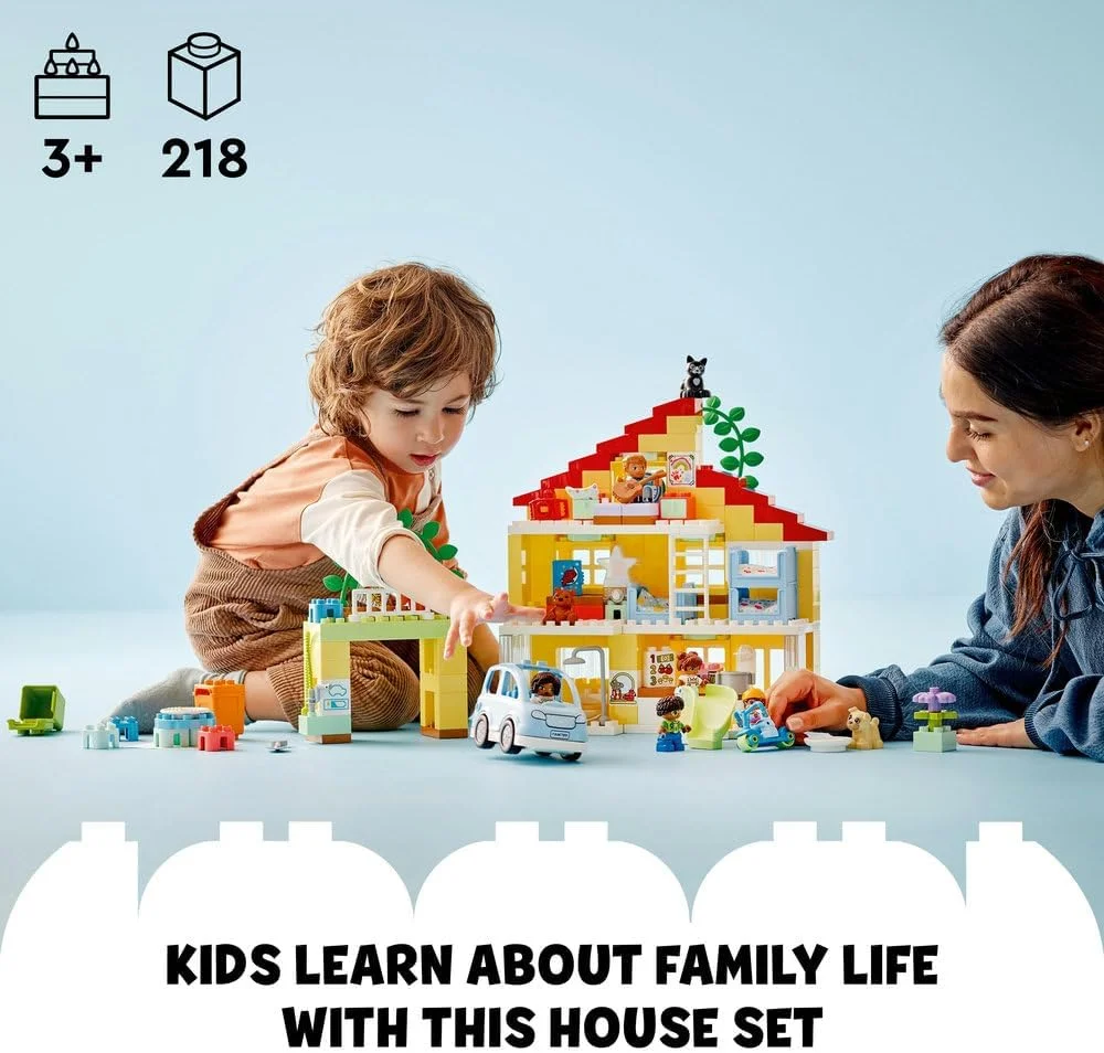 خانه خانوادگی 3 در 1 LEGO 10994 DUPLO Town، خانه عروسکی آجری با ماشین فشاری، 5 فیگور، 2 حیوان و چراغ اسباب بازی روشن، اسباب بازی های خانه بازی برای کودکان نوپا، دختران و پسران 3 سال به بالا خانه خانوادگی 3 در 1 LEGO 10994 DUPLO Town، خانه عروسکی آجری با ماشین فشاری، 5 فیگور، 2 حیوان و چراغ اسباب بازی روشن، اسباب بازی های خانه بازی برای کودکان نوپا، دختران و پسران 3 سال به بالا