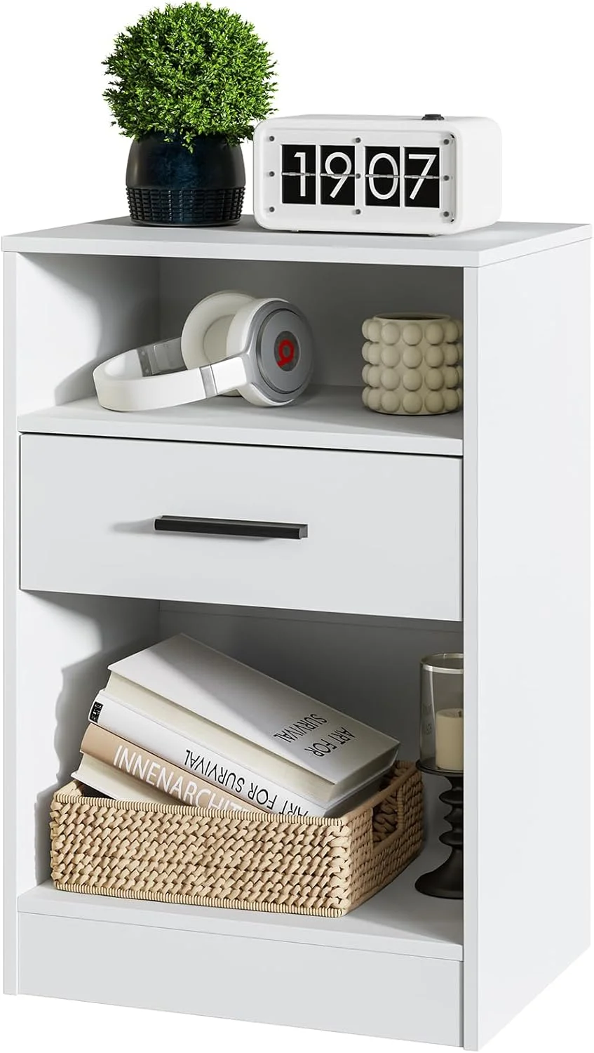 میز کنار تختی RRX، میز کنار تخت، میز جانبی، کابینت کنار تخت با کشو، دستگیره، محفظه باز، سفید 30 x 40 x 60 سانتی متر (1، سفید)