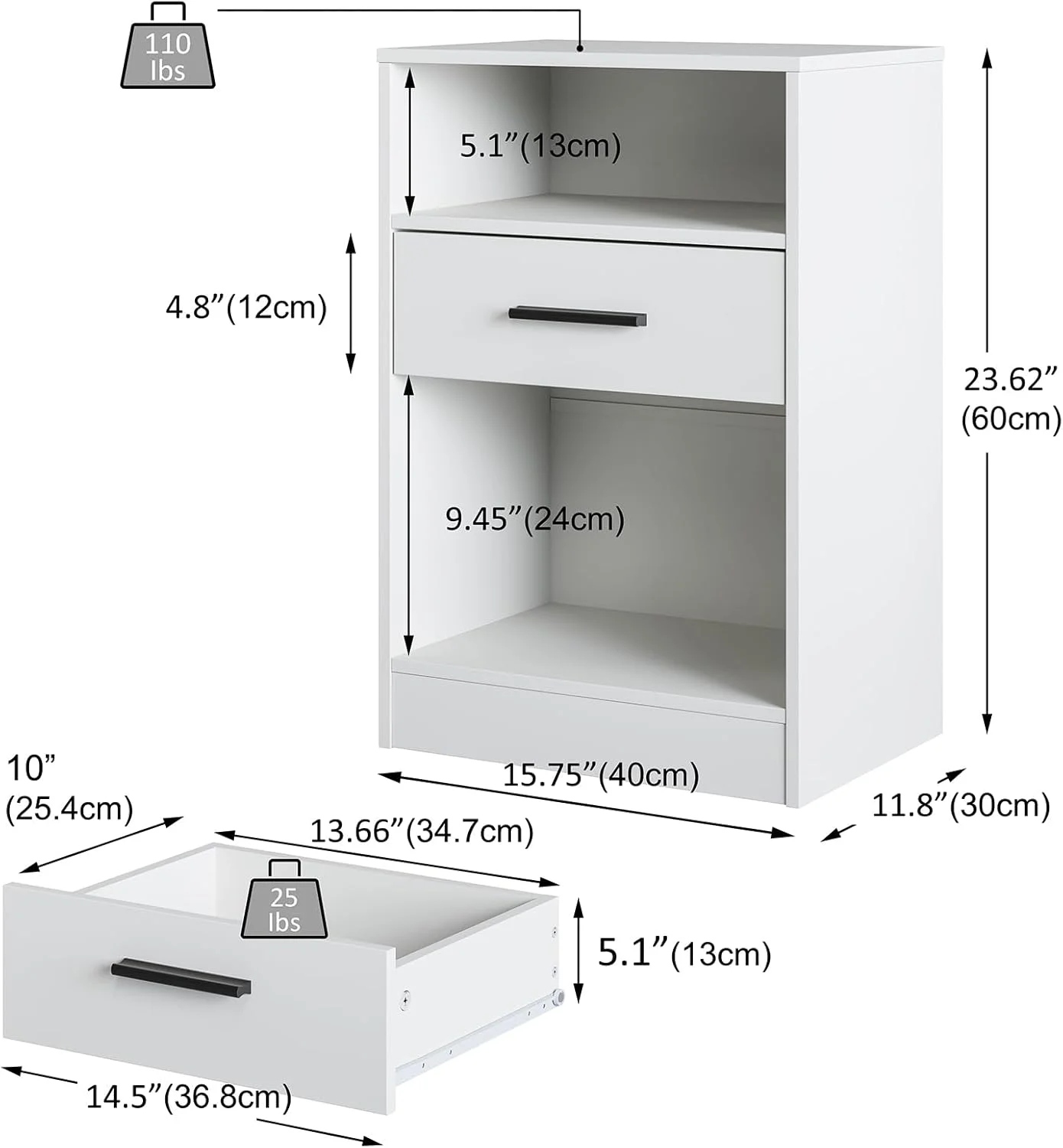 میز کنار تختی RRX، میز کنار تخت، میز جانبی، کابینت کنار تخت با کشو، دستگیره، محفظه باز، سفید 30 x 40 x 60 سانتی متر (1، سفید)