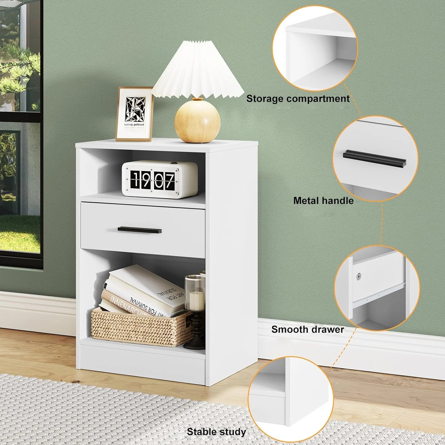 میز کنار تختی RRX، میز کنار تخت، میز جانبی، کابینت کنار تخت با کشو، دستگیره، محفظه باز، سفید 30 x 40 x 60 سانتی متر (1، سفید)