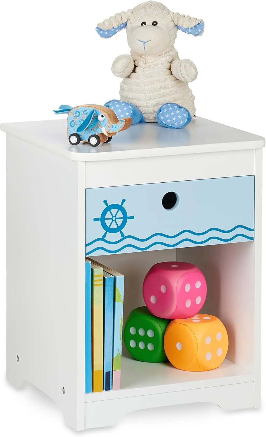 میز کنار تختی کودک Relaxdays، طرح ملوان بامزه، دارای کشو و محفظه نگهداری، ارتفاع*عرض*عمق: 41 x 32 x 31 سانتی متر، سفید/آبی، 100% فیبر میز کنار تختی کودک Relaxdays، طرح ملوان بامزه، دارای کشو و محفظه نگهداری، ارتفاع*عرض*عمق: 41 x 32 x 31 سانتی متر، سفید/آبی، 100% فیبر