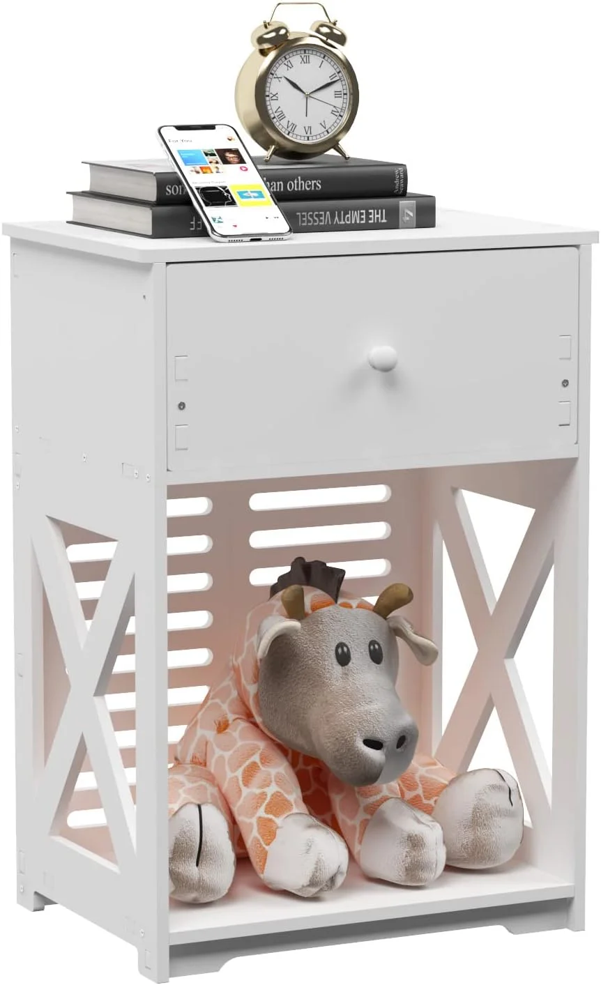 میز کنار تختی Rerii، میز شب، میز انتهایی، کابینت کوچک ذخیره سازی حمام با کشو برای اتاق خواب، اتاق نشیمن، حمام، سفید