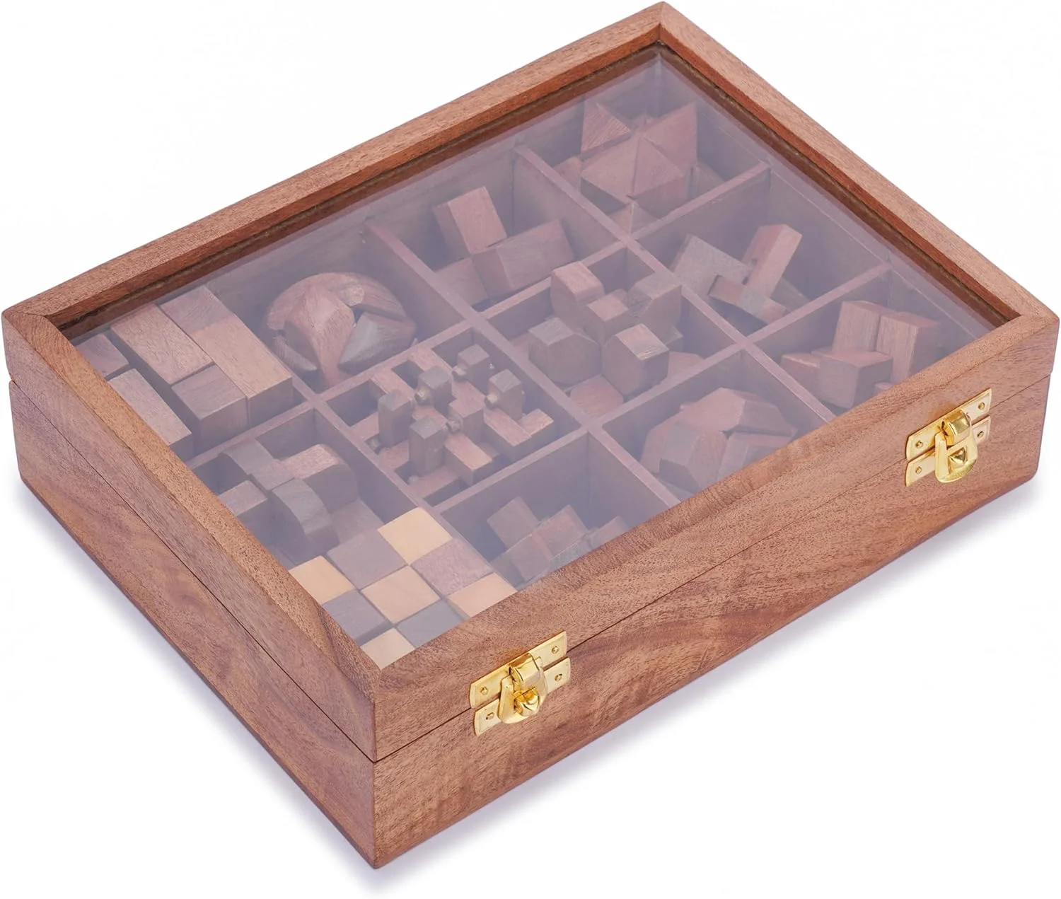 آجونی 12 پازل در یک جعبه - بازی فکری چوبی، مجموعه بازی پازل سه بعدی برای بزرگسالان به همراه جعبه نگهداری تزئینی با درب شیشه ای، بازی های فکری آموزشی چالش برانگیز برای کودکان