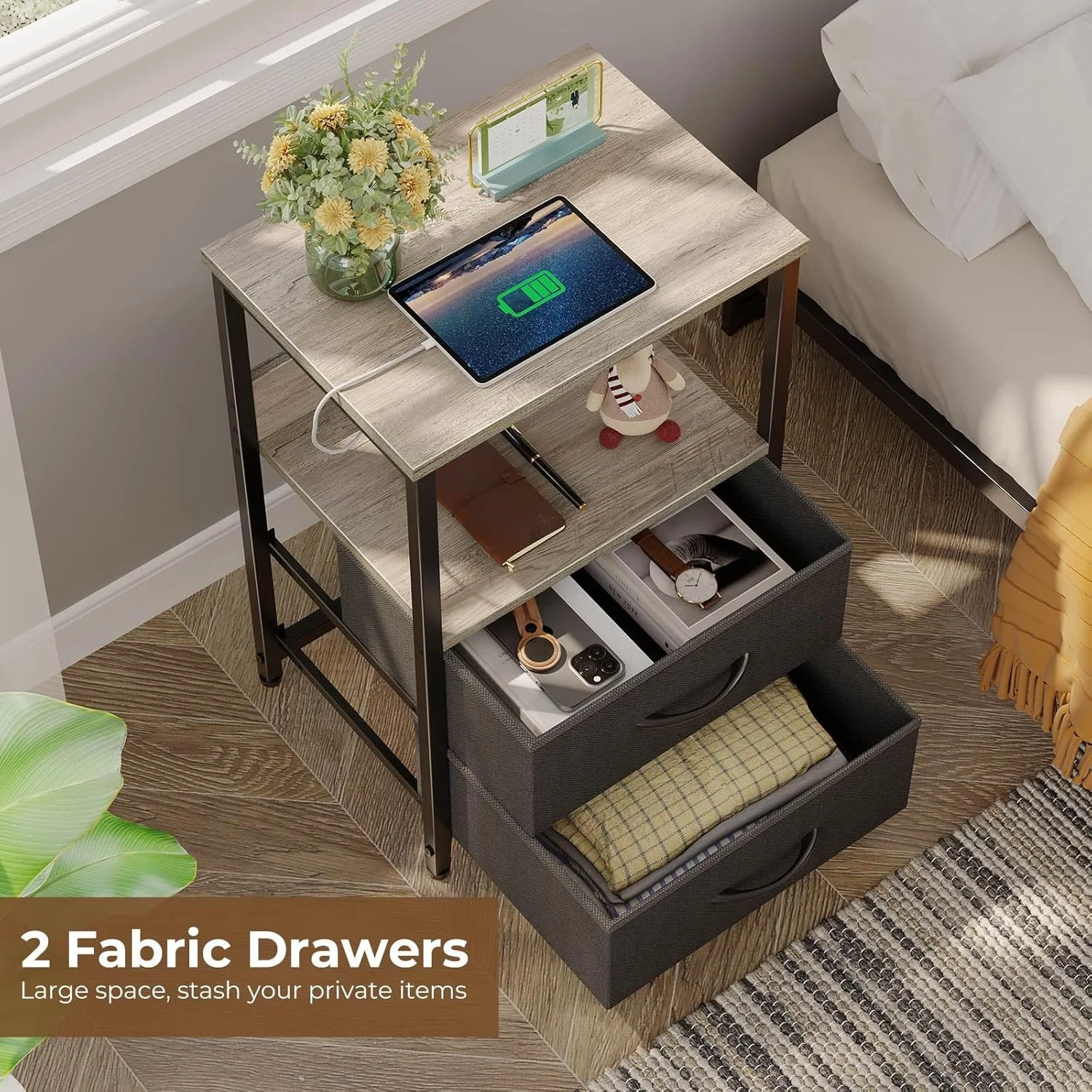 میز کنار تختی Seventable با ایستگاه شارژ، میز کنار تخت با چراغ های LED، میز کنار تختی با 2 کشو پارچه ای، میز عسلی 3 طبقه برای اتاق خواب، طوسی بژ میز کنار تختی Seventable با ایستگاه شارژ، میز کنار تخت با چراغ های LED، میز کنار تختی با 2 کشو پارچه ای، میز عسلی 3 طبقه برای اتاق خواب، طوسی بژ