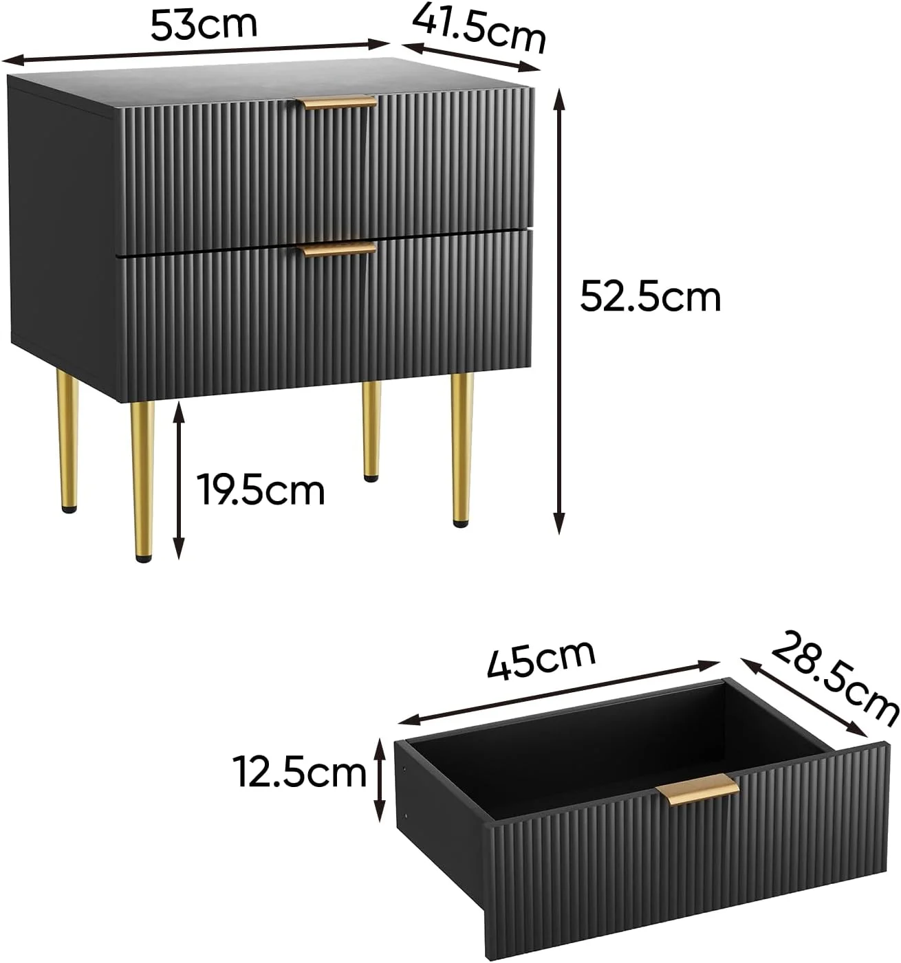 میز پاتختی مشکی Semiocthome، میز کنار تختی مدرن اواسط قرن با 2 کشو با پنل فلوت موجی، میز کنار تخت با پایه های فلزی طلایی، ست میز عریض کنار تخت خواب، میزهای عسلی برای اتاق نشیمن