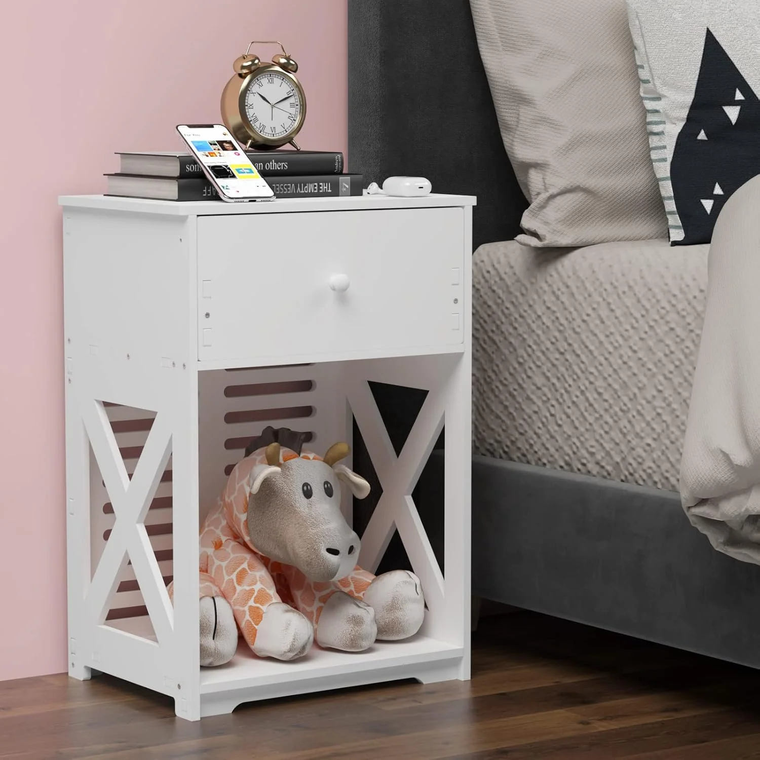 میز کنار تختی Rerii، میز شب، میز انتهایی، کابینت کوچک ذخیره سازی حمام با کشو برای اتاق خواب، اتاق نشیمن، حمام، سفید