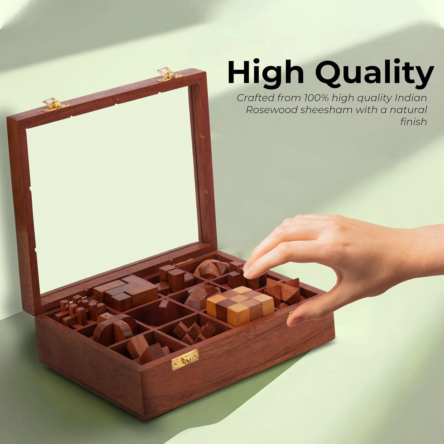 آجونی 12 پازل در یک جعبه - بازی فکری چوبی، مجموعه بازی پازل سه بعدی برای بزرگسالان به همراه جعبه نگهداری تزئینی با درب شیشه ای، بازی های فکری آموزشی چالش برانگیز برای کودکان