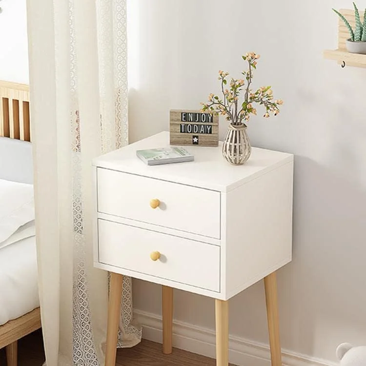 میز کنار تختی SEEMIE با کشوی پارچه ای، میز کنار تخت با پایه های چوبی محکم، میز کناری مینیمالیستی و کاربردی (سفید)