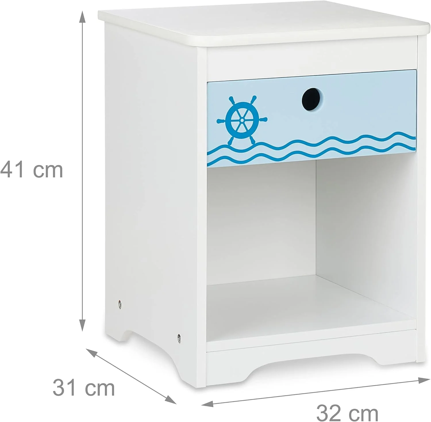 میز کنار تختی کودک Relaxdays، طرح ملوان بامزه، دارای کشو و محفظه نگهداری، ارتفاع*عرض*عمق: 41 x 32 x 31 سانتی متر، سفید/آبی، 100% فیبر میز کنار تختی کودک Relaxdays، طرح ملوان بامزه، دارای کشو و محفظه نگهداری، ارتفاع*عرض*عمق: 41 x 32 x 31 سانتی متر، سفید/آبی، 100% فیبر