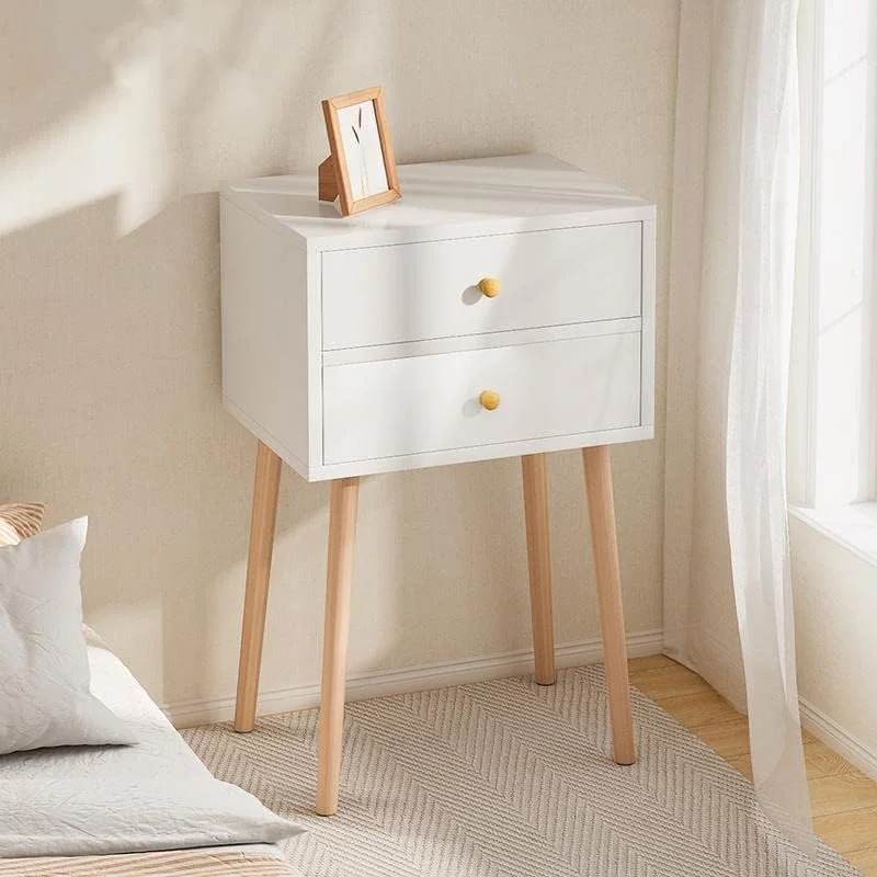 میز کنار تختی SEEMIE با کشوی پارچه ای، میز کنار تخت با پایه های چوبی محکم، میز کناری مینیمالیستی و کاربردی (سفید)