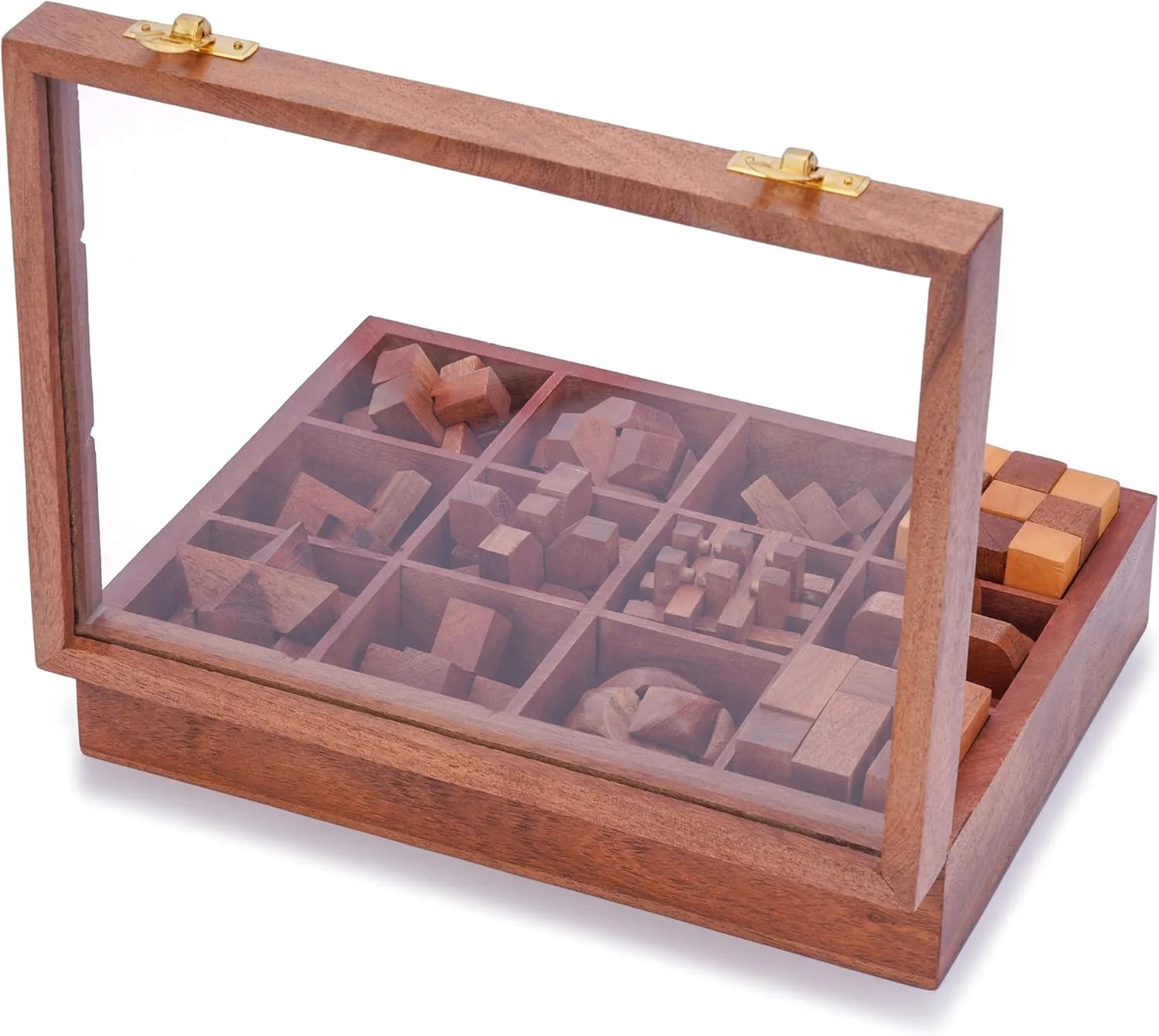 آجونی 12 پازل در یک جعبه - بازی فکری چوبی، مجموعه بازی پازل سه بعدی برای بزرگسالان به همراه جعبه نگهداری تزئینی با درب شیشه ای، بازی های فکری آموزشی چالش برانگیز برای کودکان