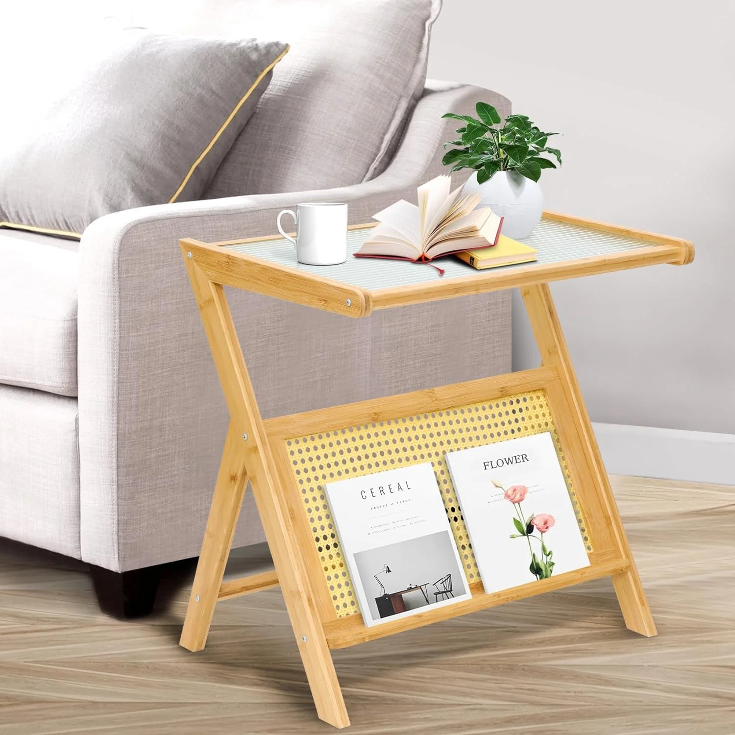 میز پاتختی راتان بوهو OneDcor - میز کنار تختی بامبو با رویه شیشه ای و قفسه ذخیره سازی، میز عسلی Z شکل برای اتاق خواب، اتاق نشیمن یا دفتر کار میز پاتختی راتان بوهو OneDcor - میز کنار تختی بامبو با رویه شیشه ای و قفسه ذخیره سازی، میز عسلی Z شکل برای اتاق خواب، اتاق نشیمن یا دفتر کار