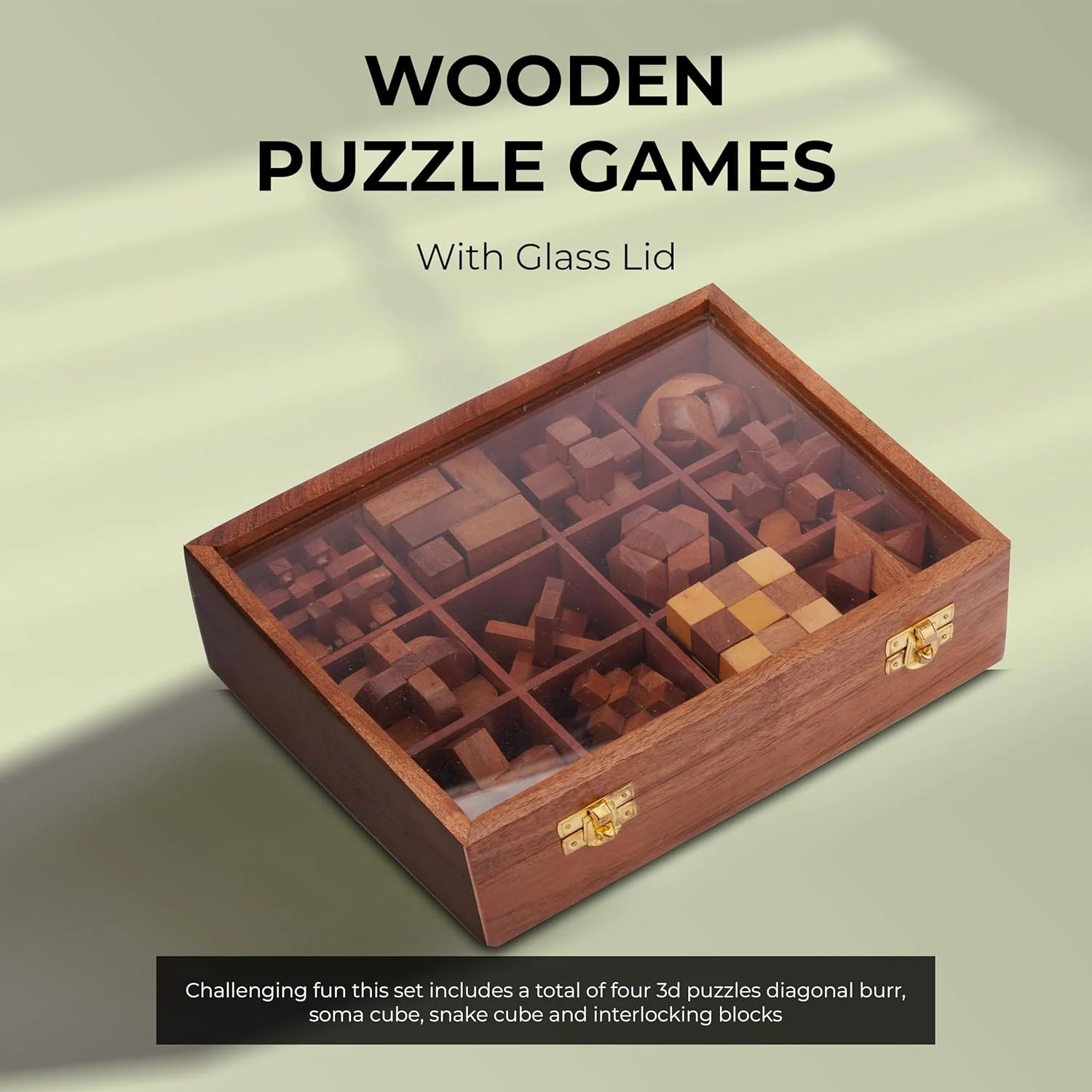 آجونی 12 پازل در یک جعبه - بازی فکری چوبی، مجموعه بازی پازل سه بعدی برای بزرگسالان به همراه جعبه نگهداری تزئینی با درب شیشه ای، بازی های فکری آموزشی چالش برانگیز برای کودکان
