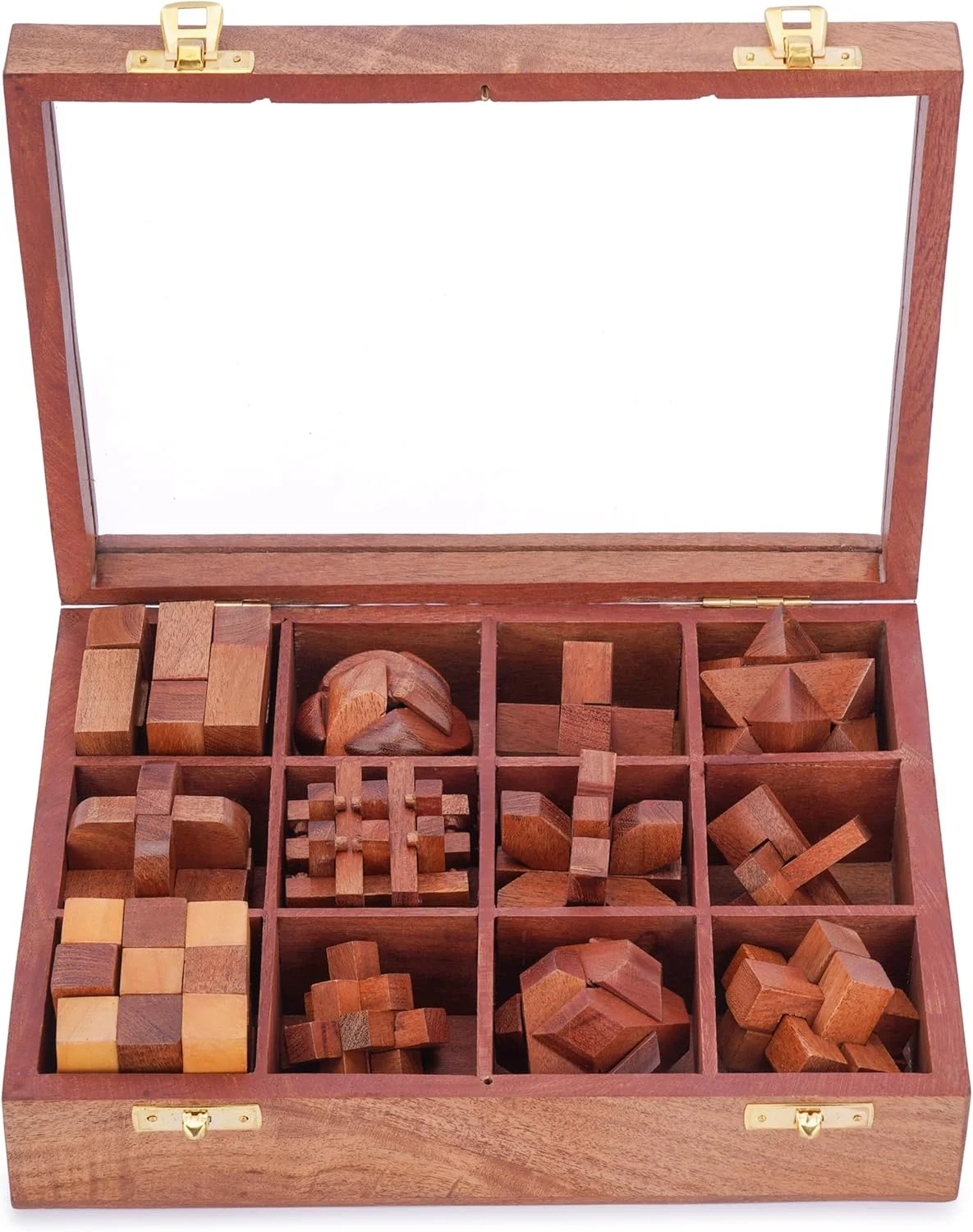 آجونی 12 پازل در یک جعبه - بازی فکری چوبی، مجموعه بازی پازل سه بعدی برای بزرگسالان به همراه جعبه نگهداری تزئینی با درب شیشه ای، بازی های فکری آموزشی چالش برانگیز برای کودکان