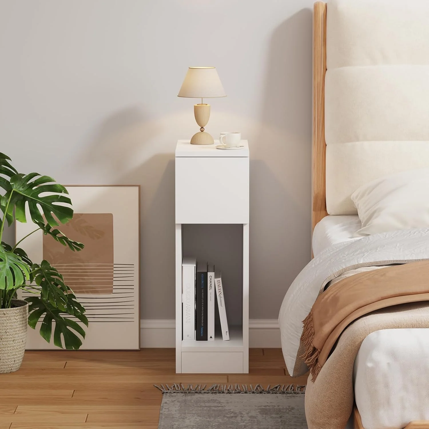 میز کنار تختی باریک چوبی پانتانال، کابینت کنار تخت خواب با کشو و قفسه، میز عسلی باریک کوچک کنار مبل اتاق نشیمن (سفید) میز کنار تختی باریک چوبی پانتانال، کابینت کنار تخت خواب با کشو و قفسه، میز عسلی باریک کوچک کنار مبل اتاق نشیمن (سفید)