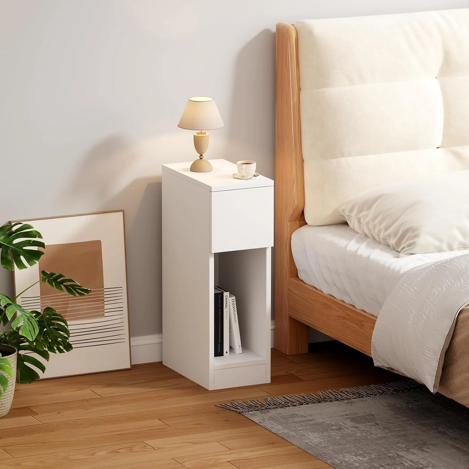 میز کنار تختی باریک چوبی پانتانال، کابینت کنار تخت خواب با کشو و قفسه، میز عسلی باریک کوچک کنار مبل اتاق نشیمن (سفید) میز کنار تختی باریک چوبی پانتانال، کابینت کنار تخت خواب با کشو و قفسه، میز عسلی باریک کوچک کنار مبل اتاق نشیمن (سفید)