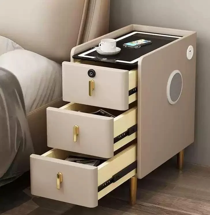 میز کنار تختی هوشمند، میز کنار تخت با ایستگاه شارژ بی‌سیم، بلندگوی بلوتوث، قفل اثر انگشت، میز کنار تختی مدرن با 3 کشو، میز کنار تخت خاکستری روشن