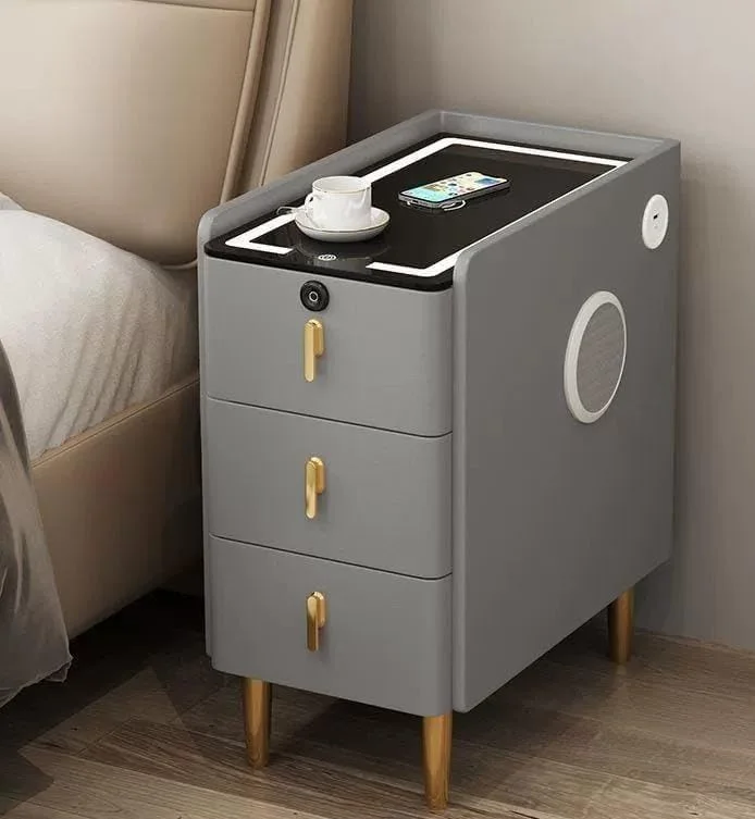 میز کنار تختی هوشمند، میز کنار تخت با ایستگاه شارژ بی‌سیم، بلندگوی بلوتوث، قفل اثر انگشت، میز کنار تختی مدرن با 3 کشو، میز کنار تخت خاکستری روشن