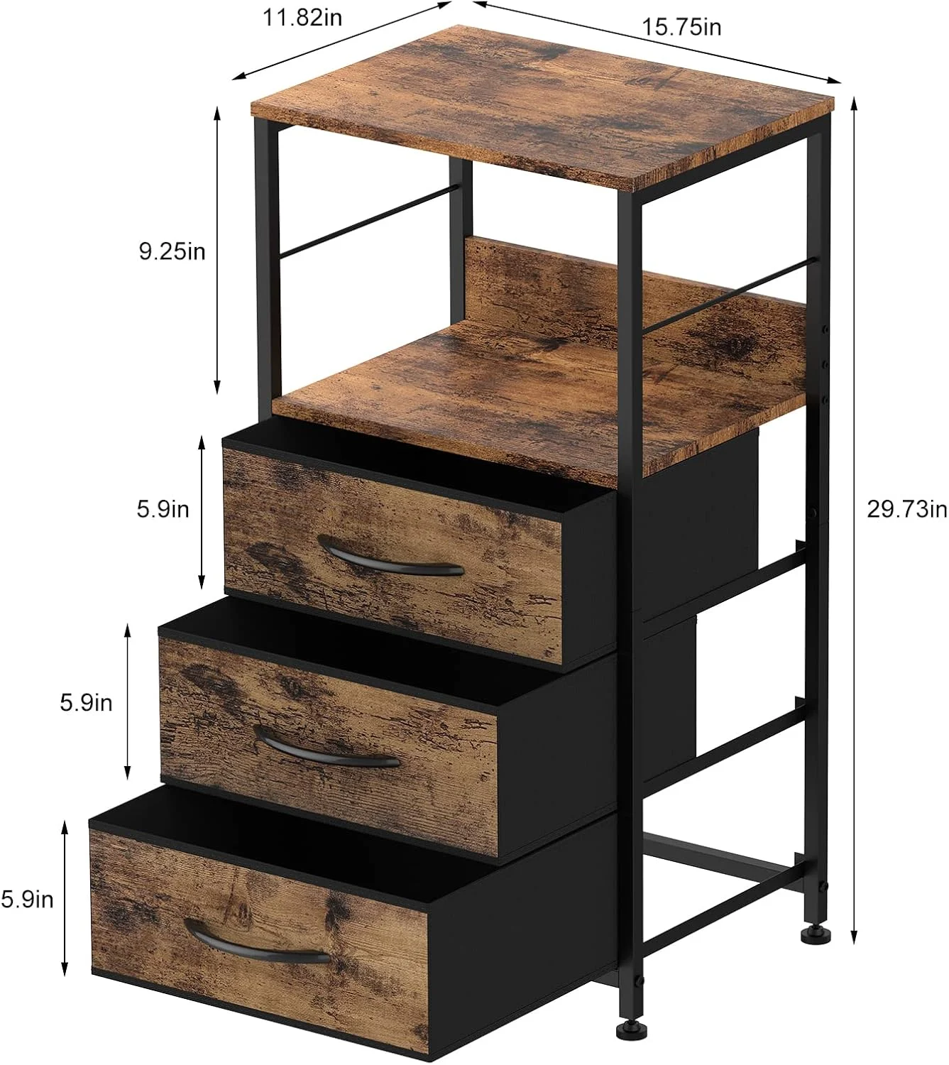 میز پاتختی NOVIMANGO با کشو، میز کنار تختی اتاق خواب با قفسه ذخیره سازی، میز عسلی با فضای ذخیره سازی پارچه ای، میز کنار تختی صنعتی برای اتاق نشیمن، خوابگاه، قهوه ای روستایی و مشکی