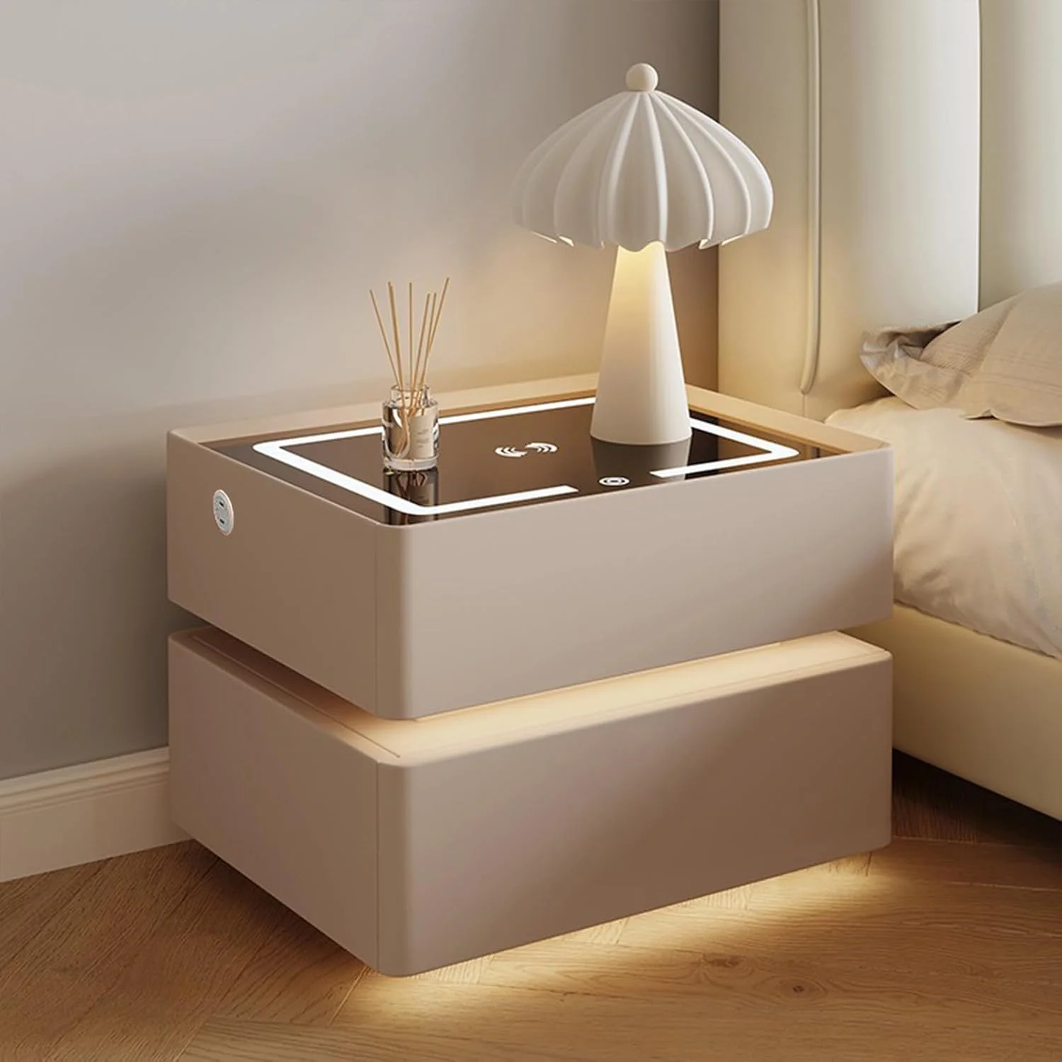 میز پاتختی هوشمند HATAN با ایستگاه شارژ بی‌سیم، طراحی معلق، میز کنار تختی، میز کنار تخت، پورت USB، طراحی مدرن مینیمالیستی، 2 کشو و چراغ LED، اتاق خواب، اتاق نشیمن (خاکی)