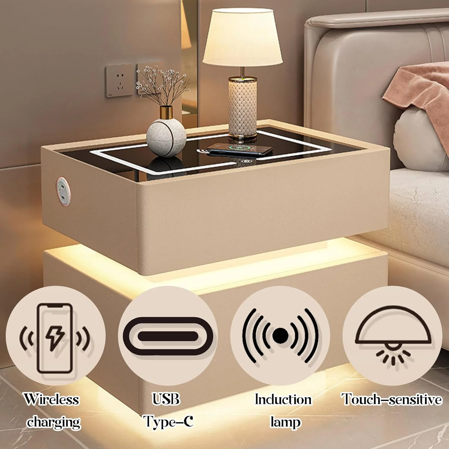 میز پاتختی هوشمند HATAN با ایستگاه شارژ بی‌سیم، طراحی معلق، میز کنار تختی، میز کنار تخت، پورت USB، طراحی مدرن مینیمالیستی، 2 کشو و چراغ LED، اتاق خواب، اتاق نشیمن (خاکی)