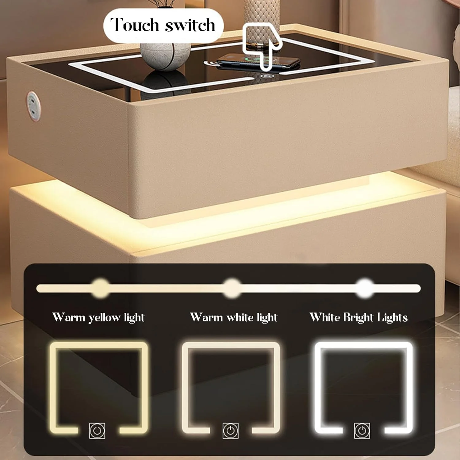 میز پاتختی هوشمند HATAN با ایستگاه شارژ بی‌سیم، طراحی معلق، میز کنار تختی، میز کنار تخت، پورت USB، طراحی مدرن مینیمالیستی، 2 کشو و چراغ LED، اتاق خواب، اتاق نشیمن (خاکی)