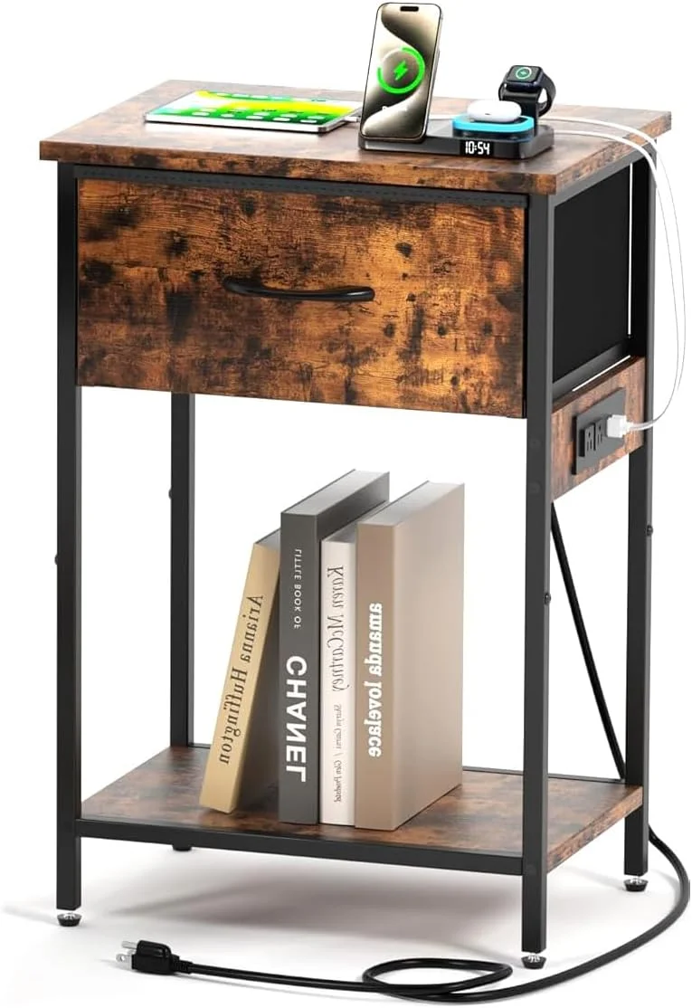 میز کنار تختی با ایستگاه شارژ، میز کنار تخت فوهوم با 2 طبقه قفسه ذخیره سازی و کشو، میز کنار تختی برای اتاق خواب، آپارتمان، اتاق مهمان، اتاق نشیمن، قهوه ای روستیک میز کنار تختی با ایستگاه شارژ، میز کنار تخت فوهوم با 2 طبقه قفسه ذخیره سازی و کشو، میز کنار تختی برای اتاق خواب، آپارتمان، اتاق مهمان، اتاق نشیمن، قهوه ای روستیک