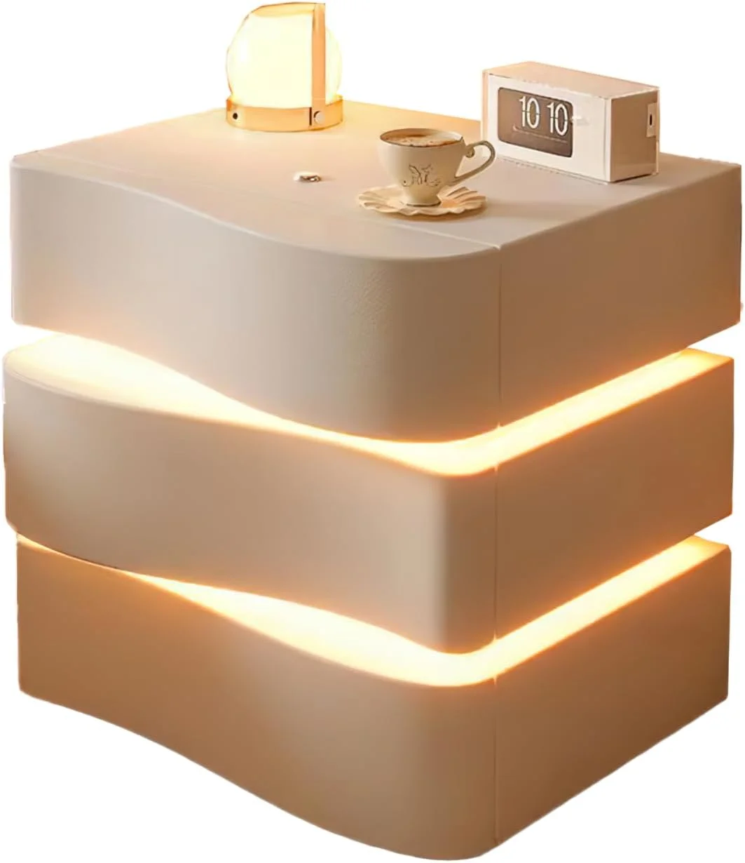 پاتختی LED با 3 کشو ذخیره سازی، پاتختی روکش چرم میکروفیبر با چراغ های LED و ریل های فلزی، روکش چرمی، میز کنار تخت خواب (بژ)