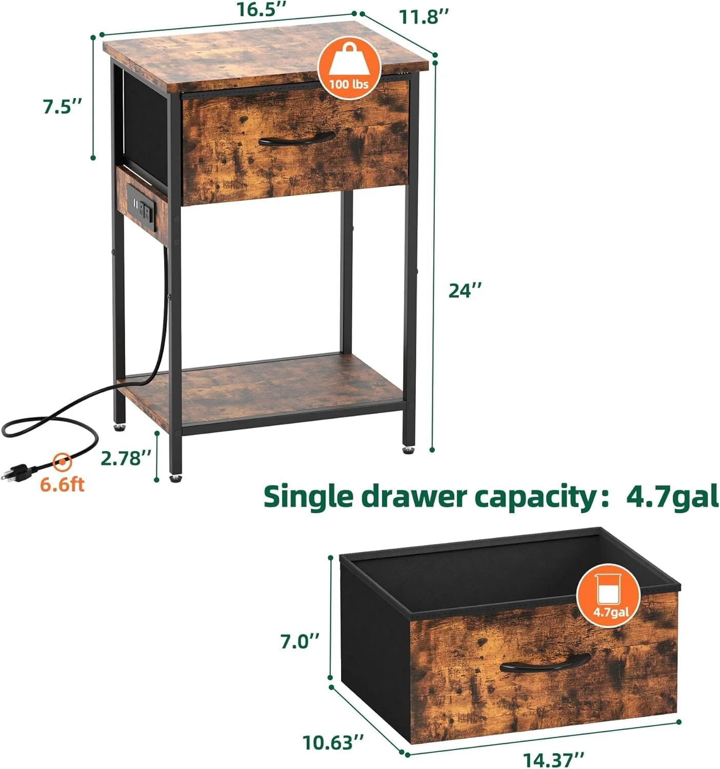 میز کنار تختی با ایستگاه شارژ، میز کنار تخت فوهوم با 2 طبقه قفسه ذخیره سازی و کشو، میز کنار تختی برای اتاق خواب، آپارتمان، اتاق مهمان، اتاق نشیمن، قهوه ای روستیک