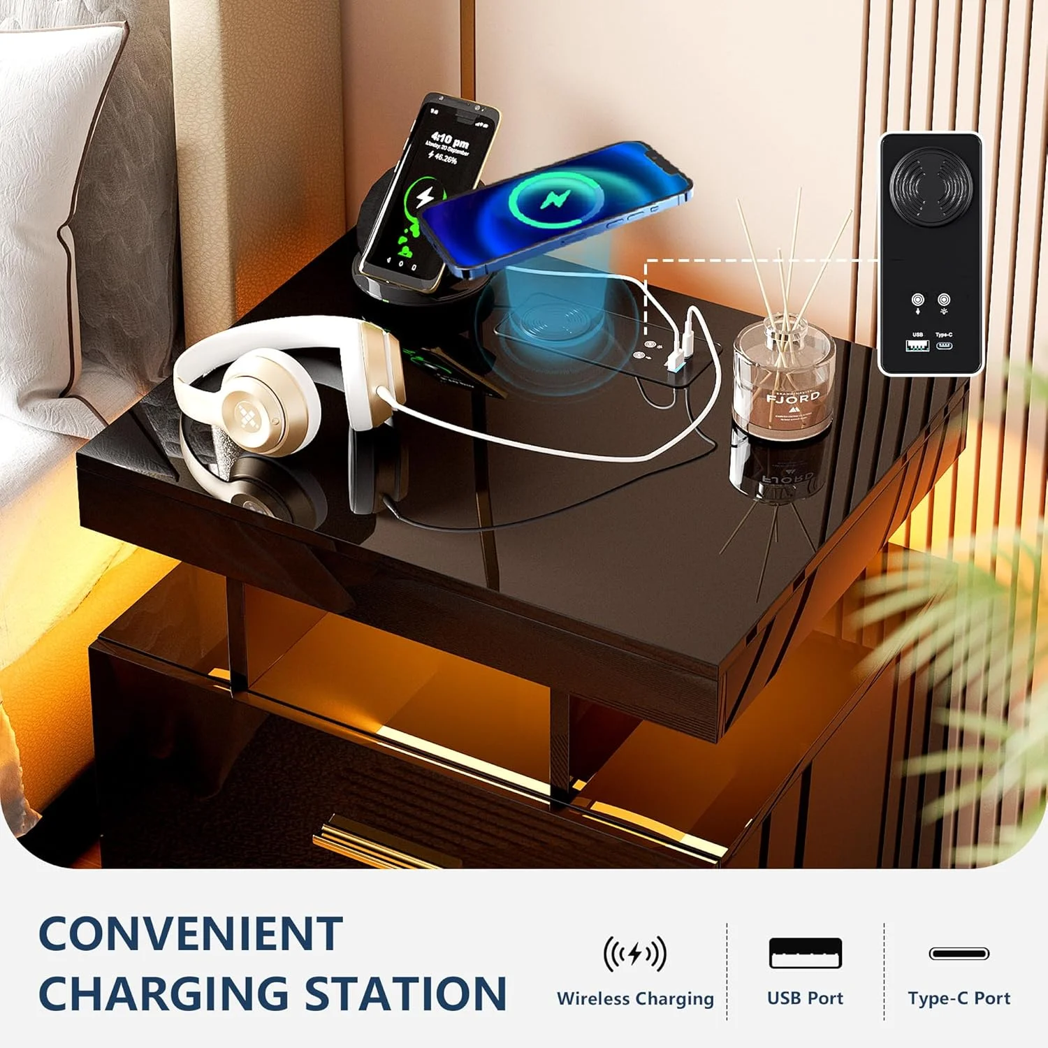 میز کنار تختی LED اتوماتیک با ایستگاه شارژ بیسیم و پورتهای USB، میز کنار تختی براق با 2 کشو، میز کنار تختی شناور با نورهای LED تعبیه شده 3 رنگ و روشنایی قابل تنظیم میز کنار تختی LED اتوماتیک با ایستگاه شارژ بیسیم و پورتهای USB، میز کنار تختی براق با 2 کشو، میز کنار تختی شناور با نورهای LED تعبیه شده 3 رنگ و روشنایی قابل تنظیم