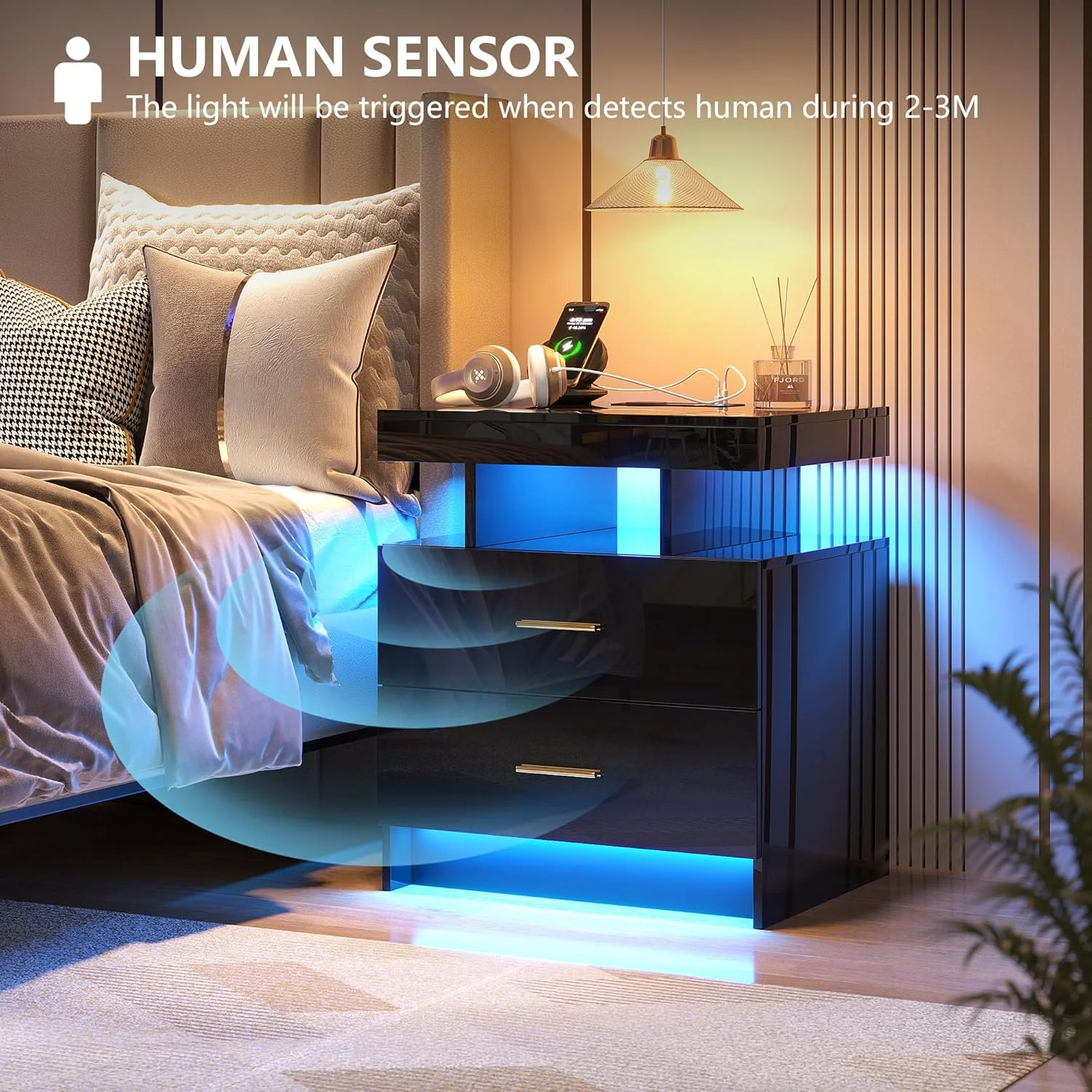 میز کنار تختی LED اتوماتیک با ایستگاه شارژ بیسیم و پورتهای USB، میز کنار تختی براق با 2 کشو، میز کنار تختی شناور با نورهای LED تعبیه شده 3 رنگ و روشنایی قابل تنظیم میز کنار تختی LED اتوماتیک با ایستگاه شارژ بیسیم و پورتهای USB، میز کنار تختی براق با 2 کشو، میز کنار تختی شناور با نورهای LED تعبیه شده 3 رنگ و روشنایی قابل تنظیم