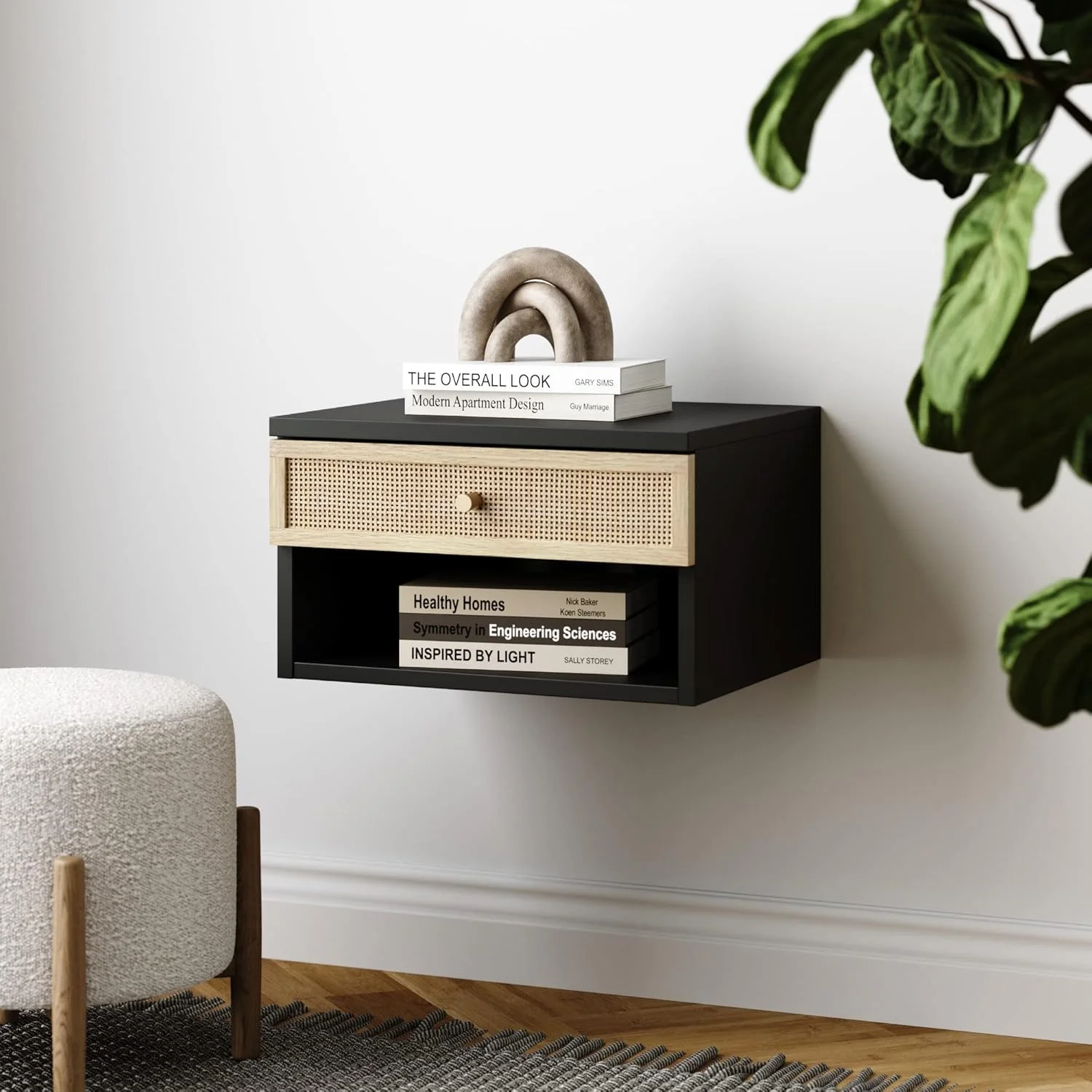 میز کنار تختی شناور مدرن ناتان جیمز جکسون با کشو، 1 عدد، مشکی/راتان میز کنار تختی شناور مدرن ناتان جیمز جکسون با کشو، 1 عدد، مشکی/راتان