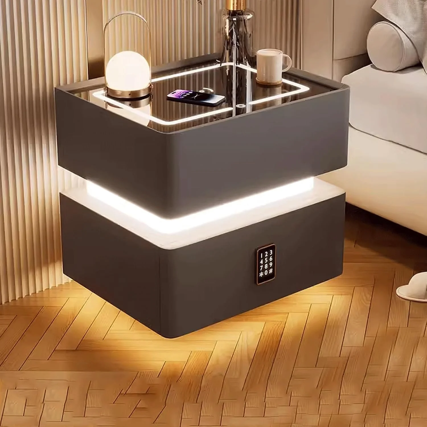 میزهای کوچک کنار تختی برای فضاهای کوچک با چهار رنگ، میز کنار تختی هوشمند با قفل، میز کنار تختی شارژینگ برای اتاق خواب، میز کنار تختی مدرن بدون نیاز به نصب .nightstand (خاکستری تیره)