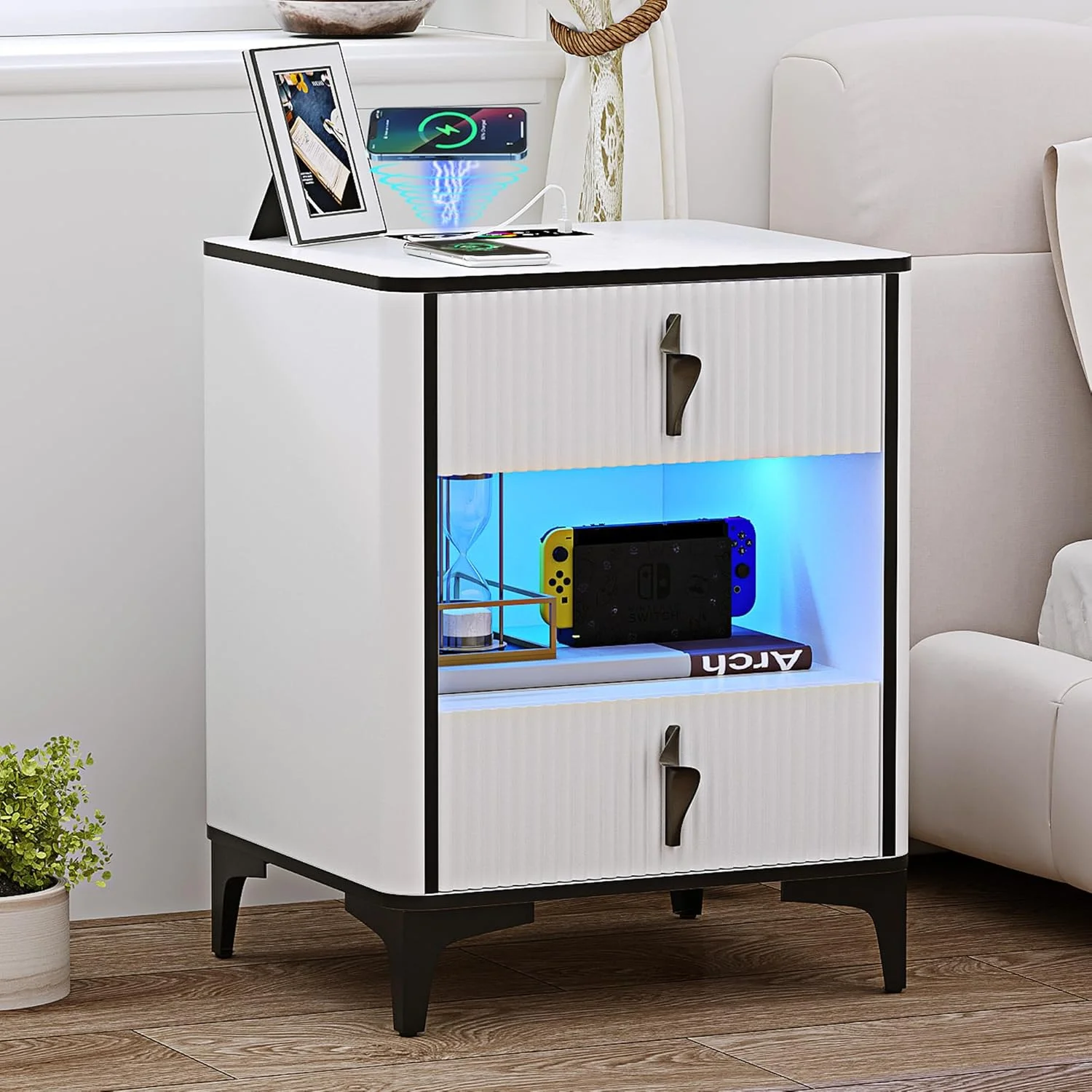 میز پاتختی هوشمند با شارژر بی‌سیم و چراغ LED حسگر حرکتی، دارای 2 کشو، میز کنار تختی مدرن با پورت USB و Type-C برای اتاق نشیمن، اتاق خواب، دفتر کار، مدل 9190 (سفید)