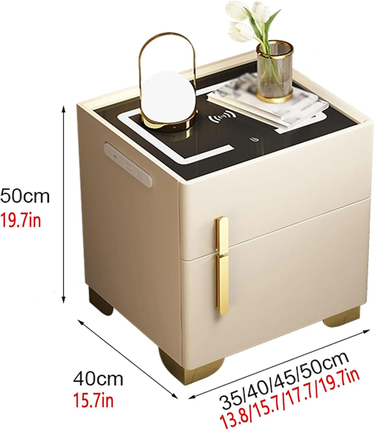 پاتختی هوشمند با گاوصندوق مخفی، میز کنار تختی با ایستگاه شارژ و پورت های USB/Type-C، نور شب LED با روشنایی قابل تنظیم، رویه شیشه ای تمپر شده (رنگ: خاکستری تیره، اندازه: 40x40x50 سانتی متر)